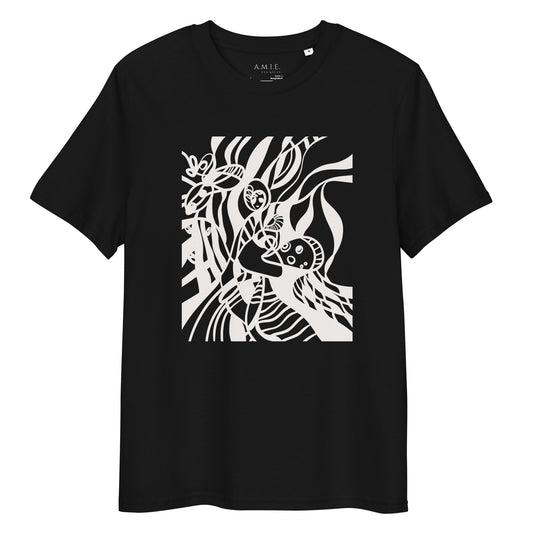 Black t-shirt with white abstract design on a white background