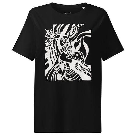 Black organic cotton t-shirt with surreal white abstract art design – Dream Wave