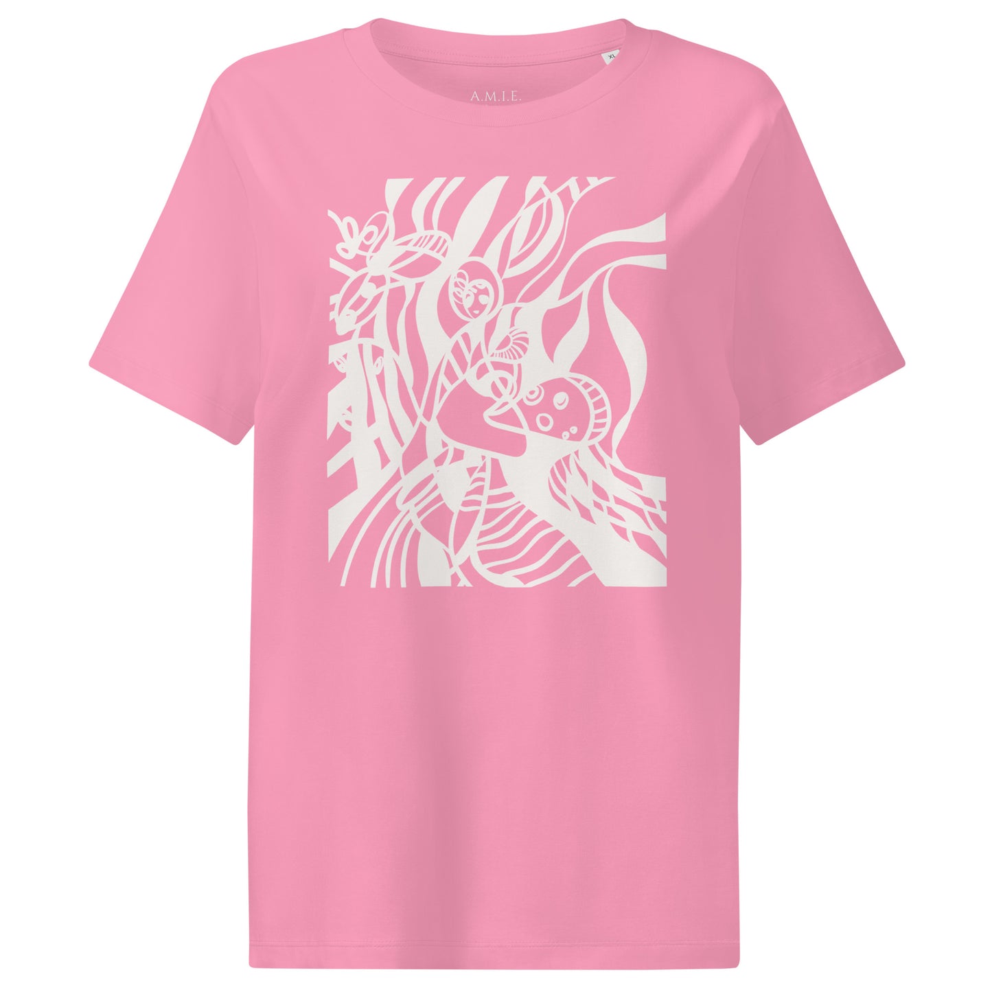 Black organic cotton t-shirt with surreal bubble pink abstract art design – Dream Wave