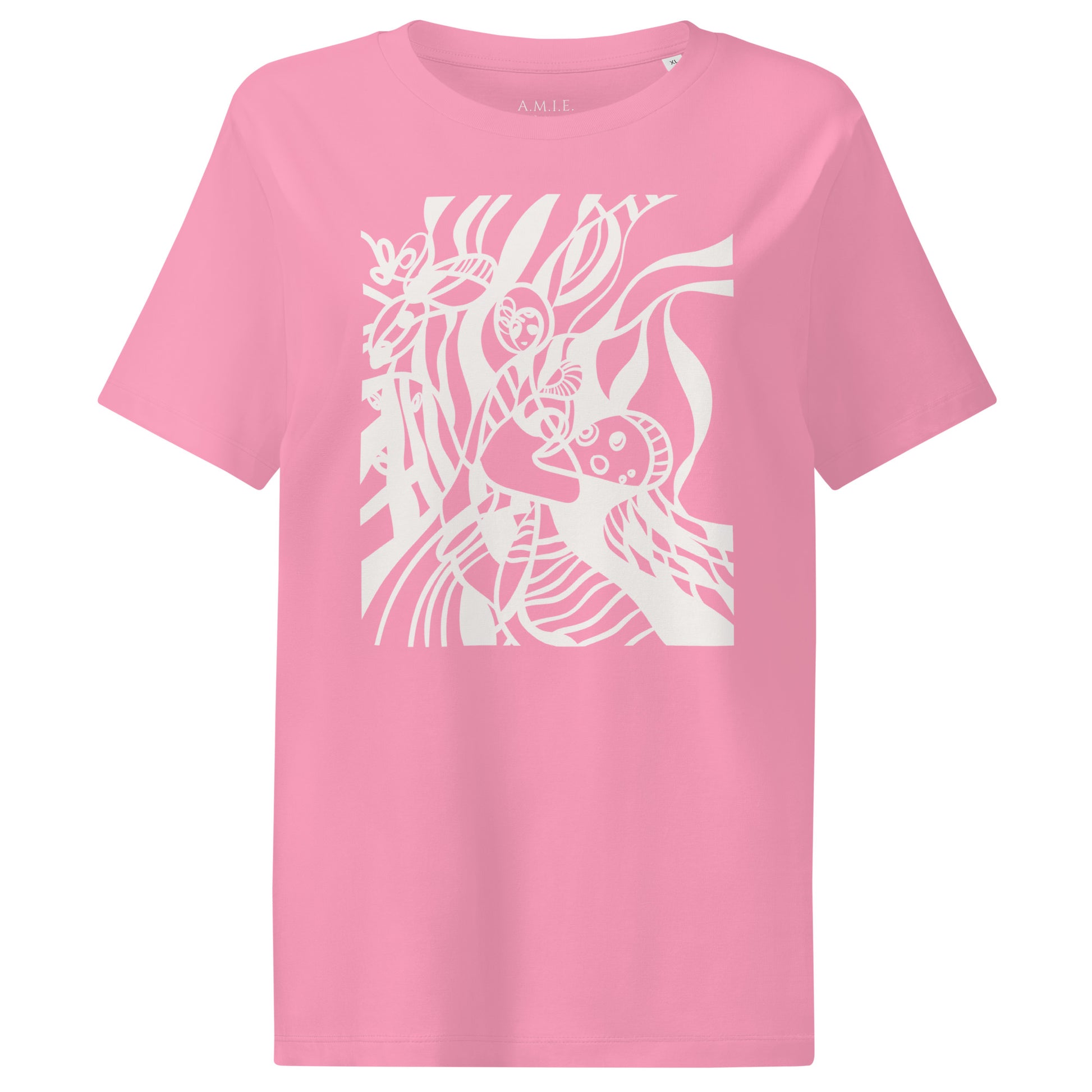 Black organic cotton t-shirt with surreal bubble pink abstract art design – Dream Wave