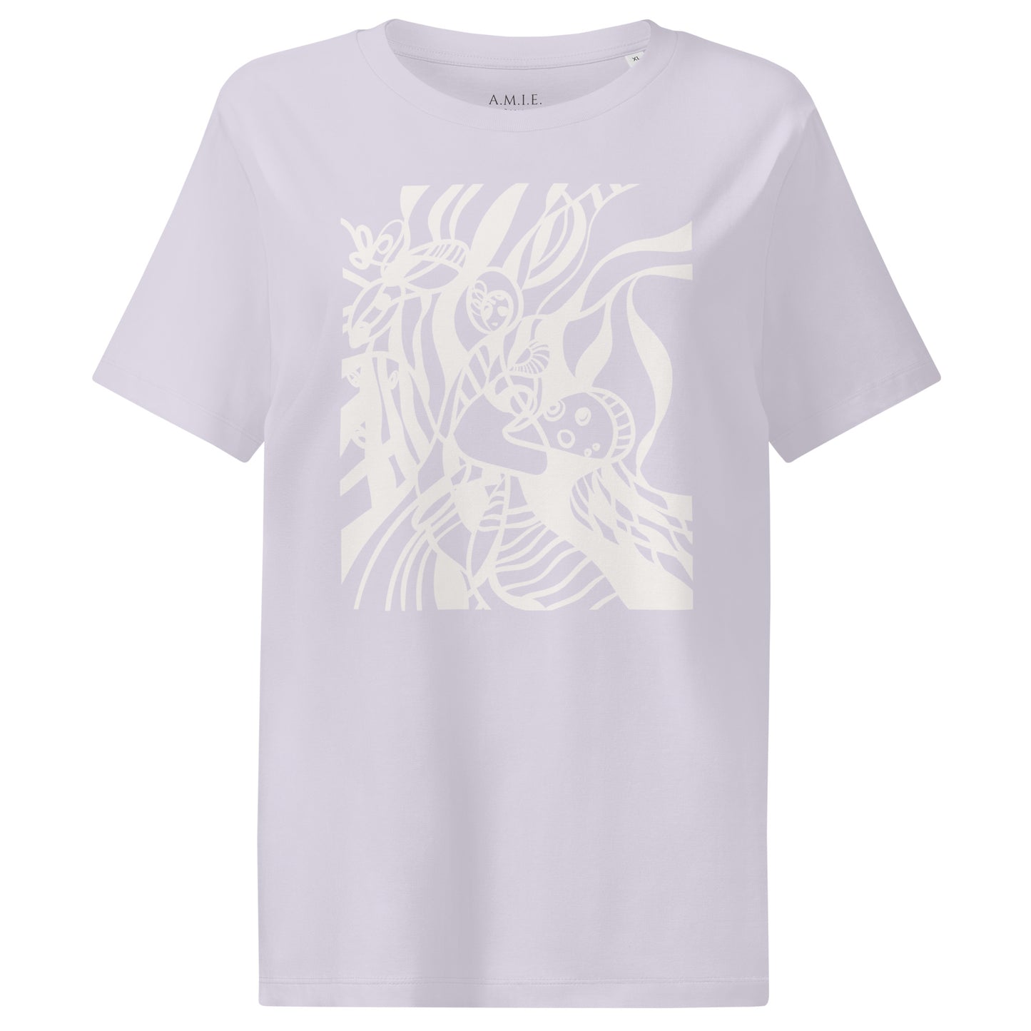 Black organic cotton t-shirt with surreal lavender abstract art design – Dream Wave