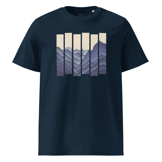 Navy organic cotton t-shirt with striped mountain landscape graphic – Elevated Horizon design