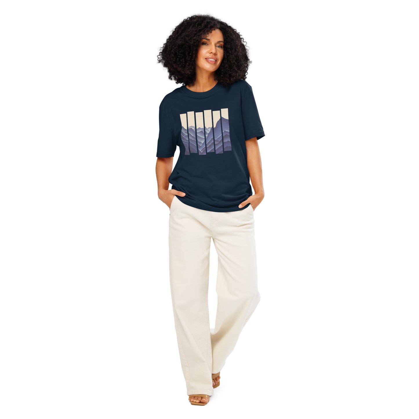 Navy organic cotton t-shirt with striped mountain landscape graphic – Elevated Horizon design on model