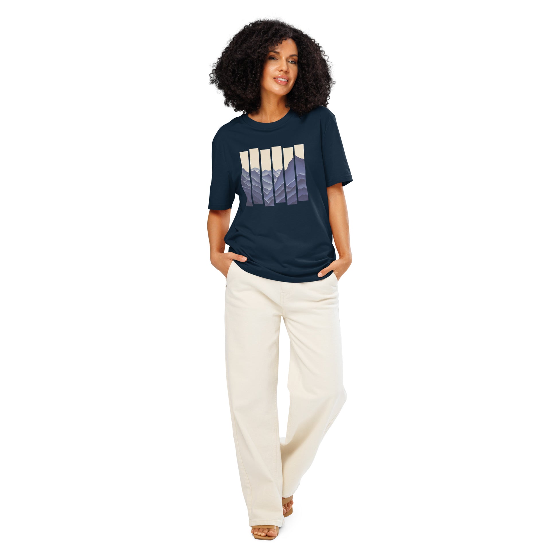 Navy organic cotton t-shirt with striped mountain landscape graphic – Elevated Horizon design on model