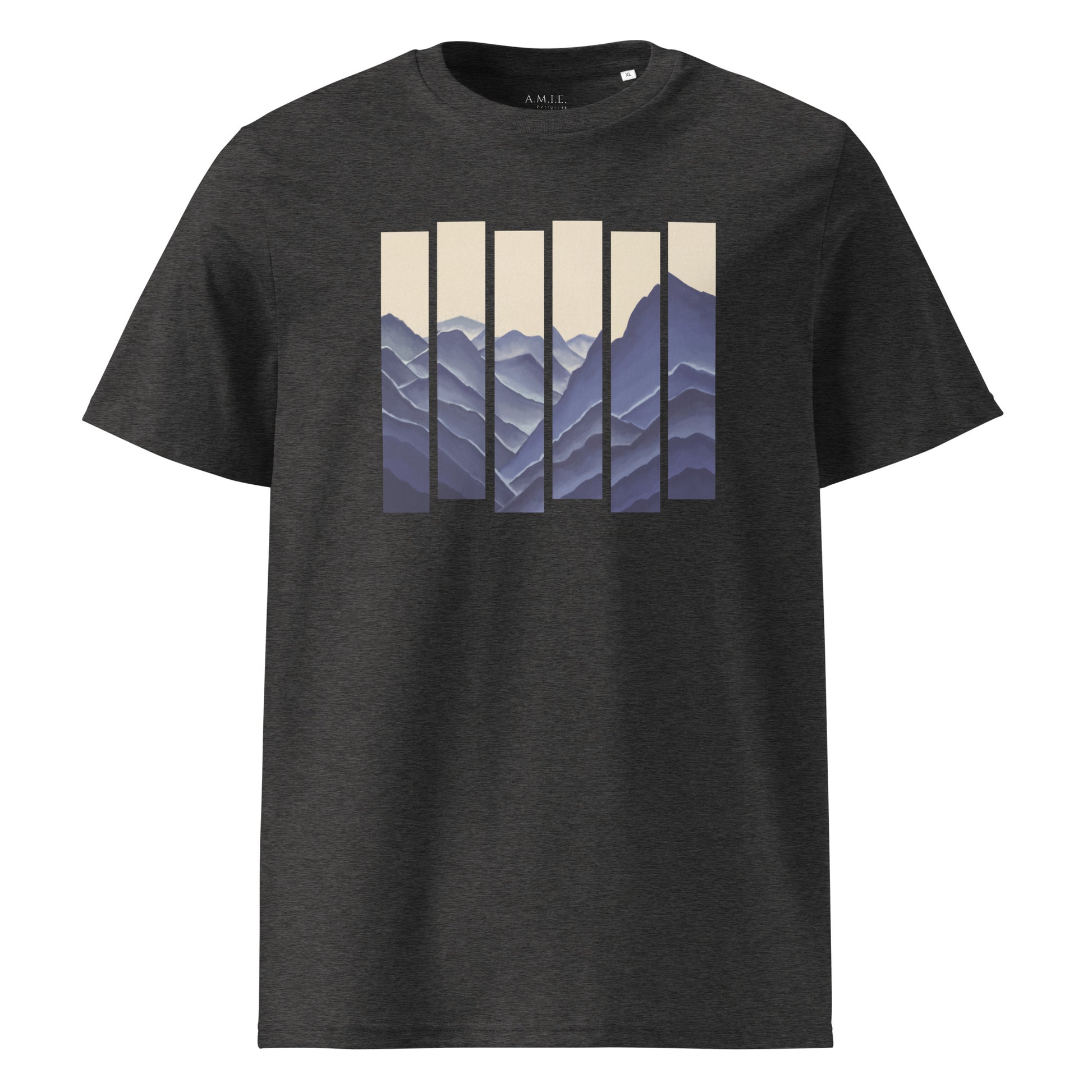 Dark Heather Grey organic cotton t-shirt with striped mountain landscape graphic – Elevated Horizon design