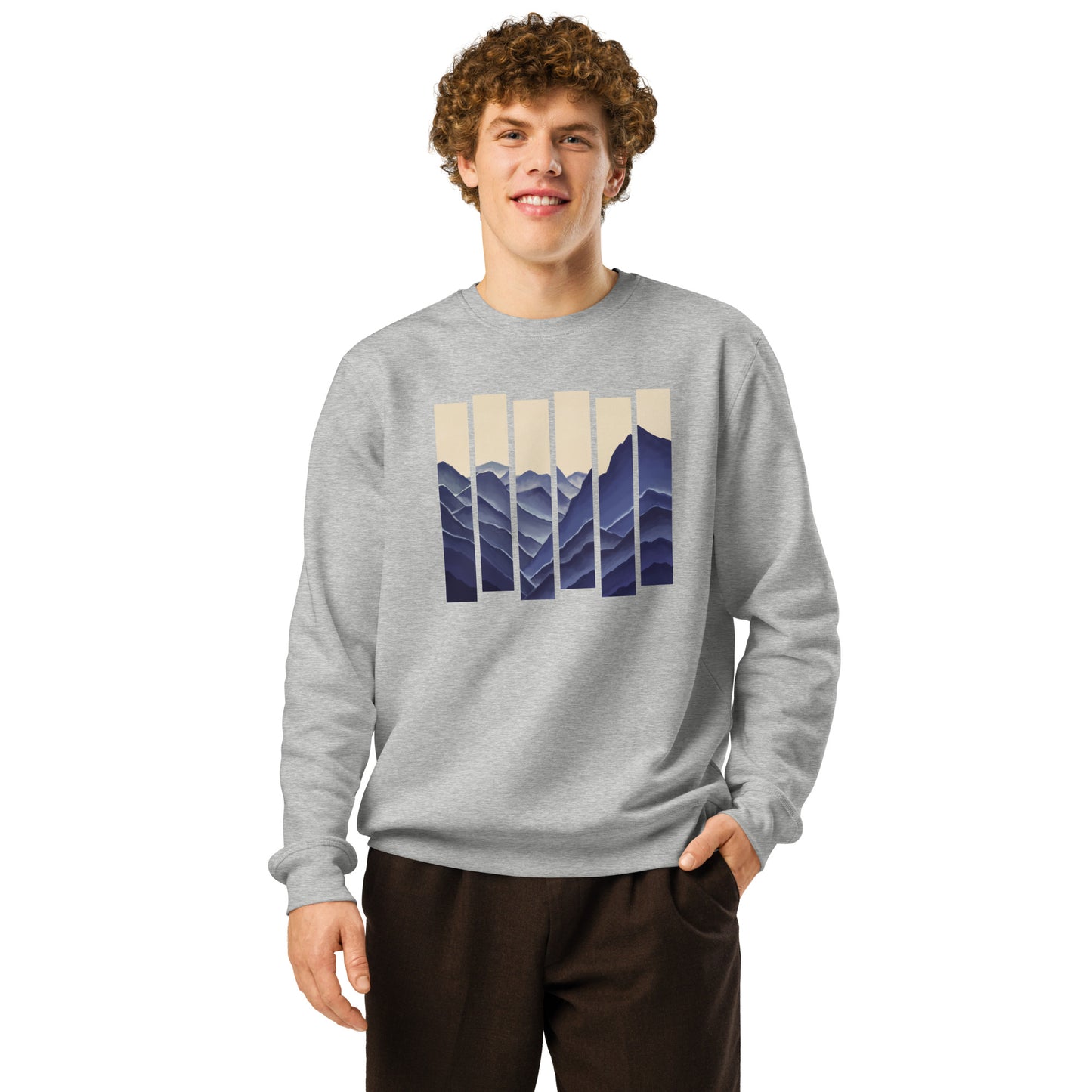 Unisex organic mid-weight sweatshirt with modern striped mountain landscape design – Elevated Horizon on model