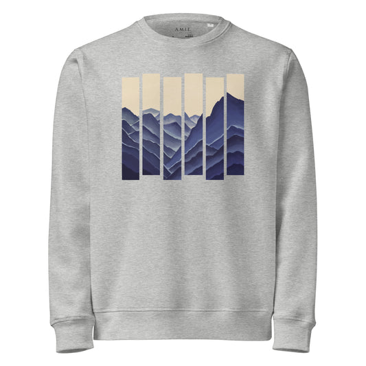 Unisex organic mid-weight sweatshirt with modern striped mountain landscape design – Elevated Horizon