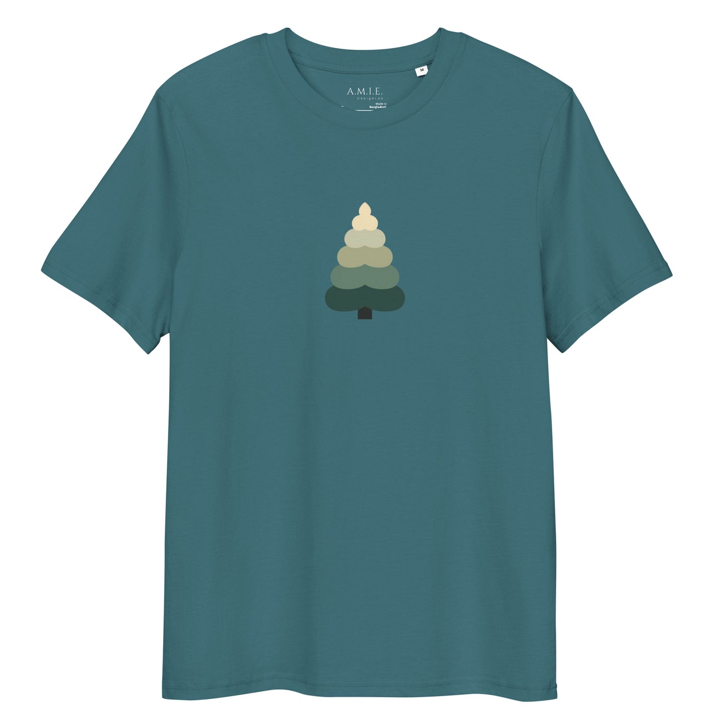 Minimalist evergreen tree design printed on teal organic unisex t-shirt.