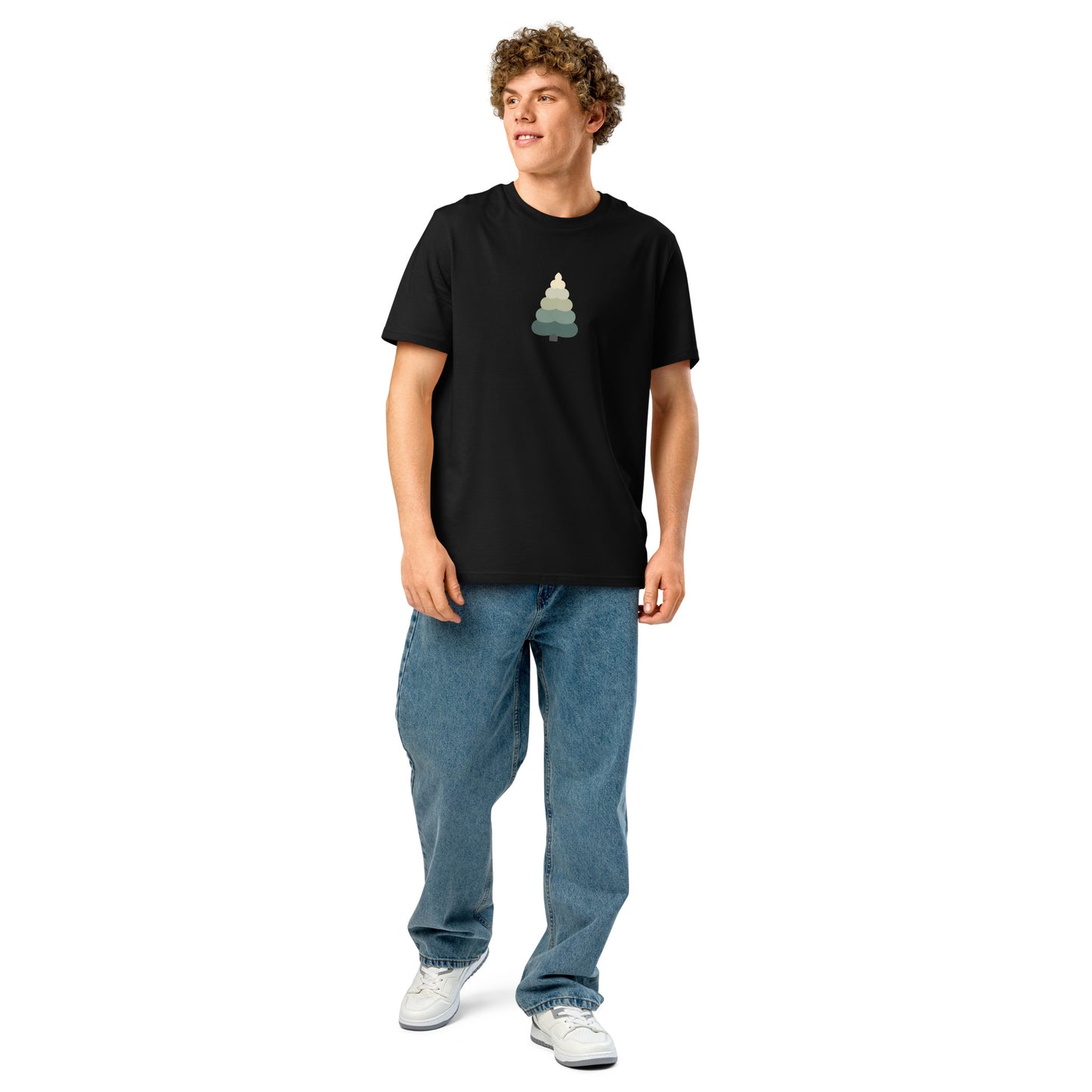 Minimalist evergreen tree organic unisex t-shirt on model