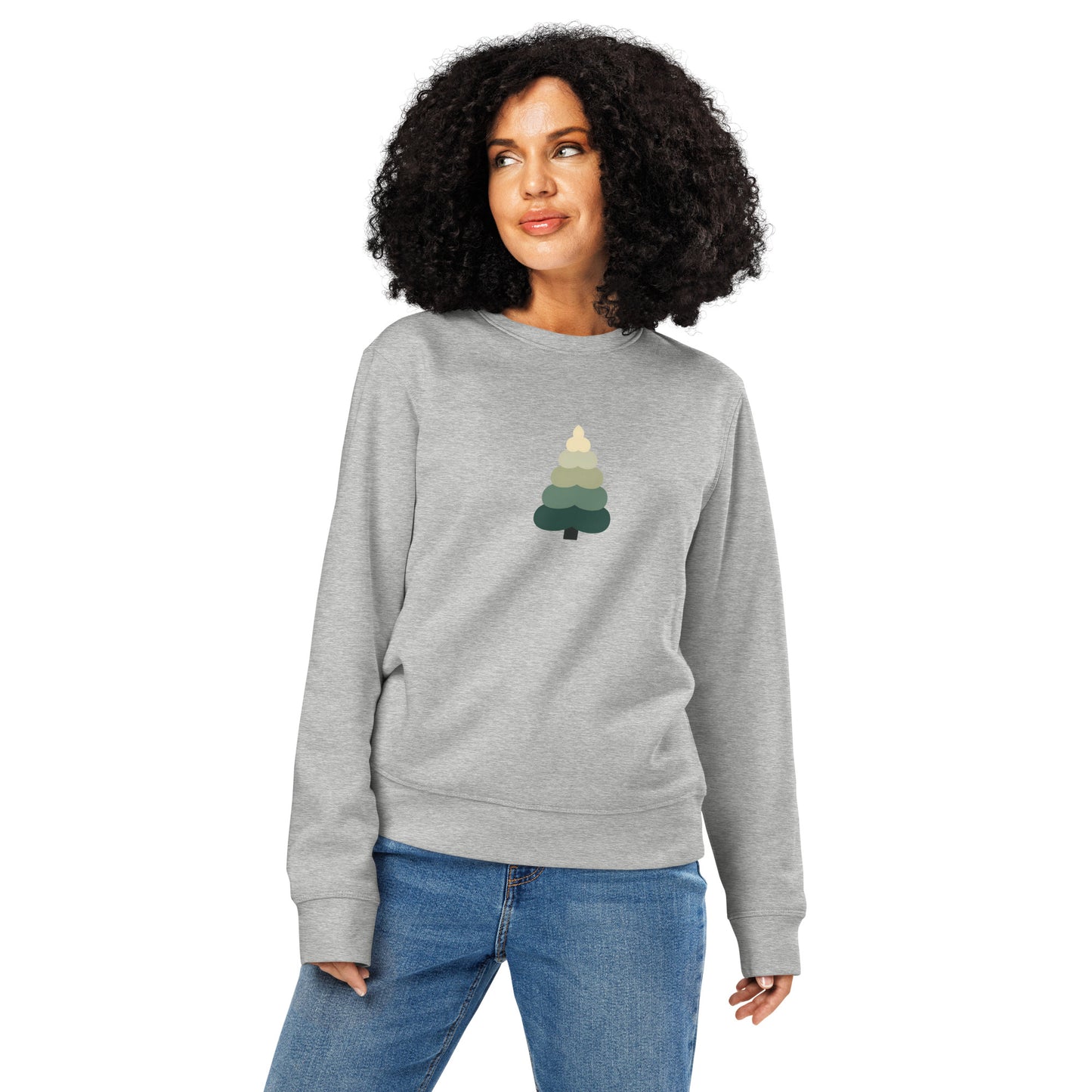 Minimalist tree sweatshirt shown on model in grey
