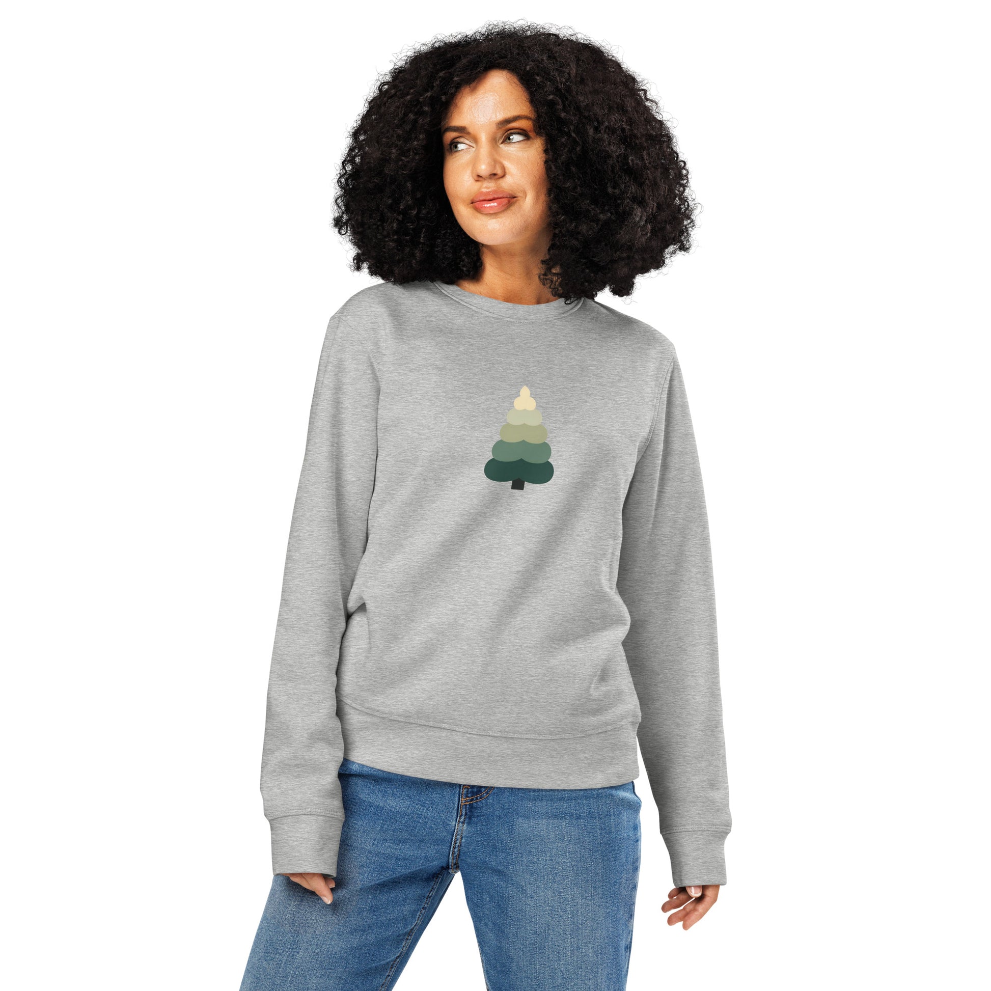 Minimalist tree sweatshirt shown on model in grey