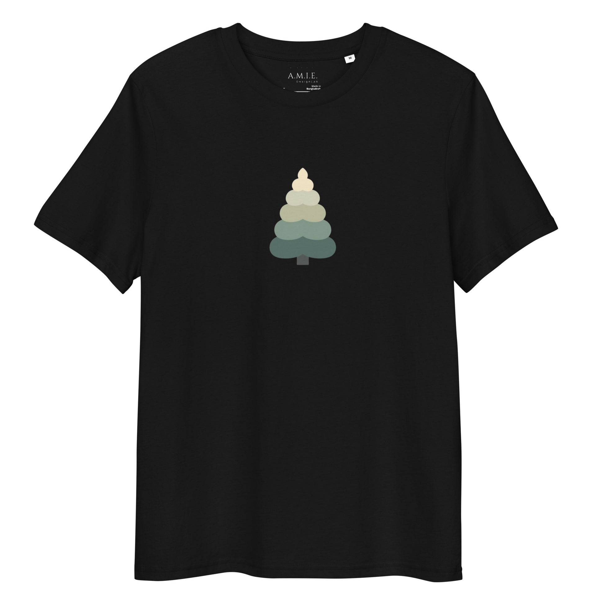 Minimalist evergreen tree graphic centered on organic unisex t-shirt