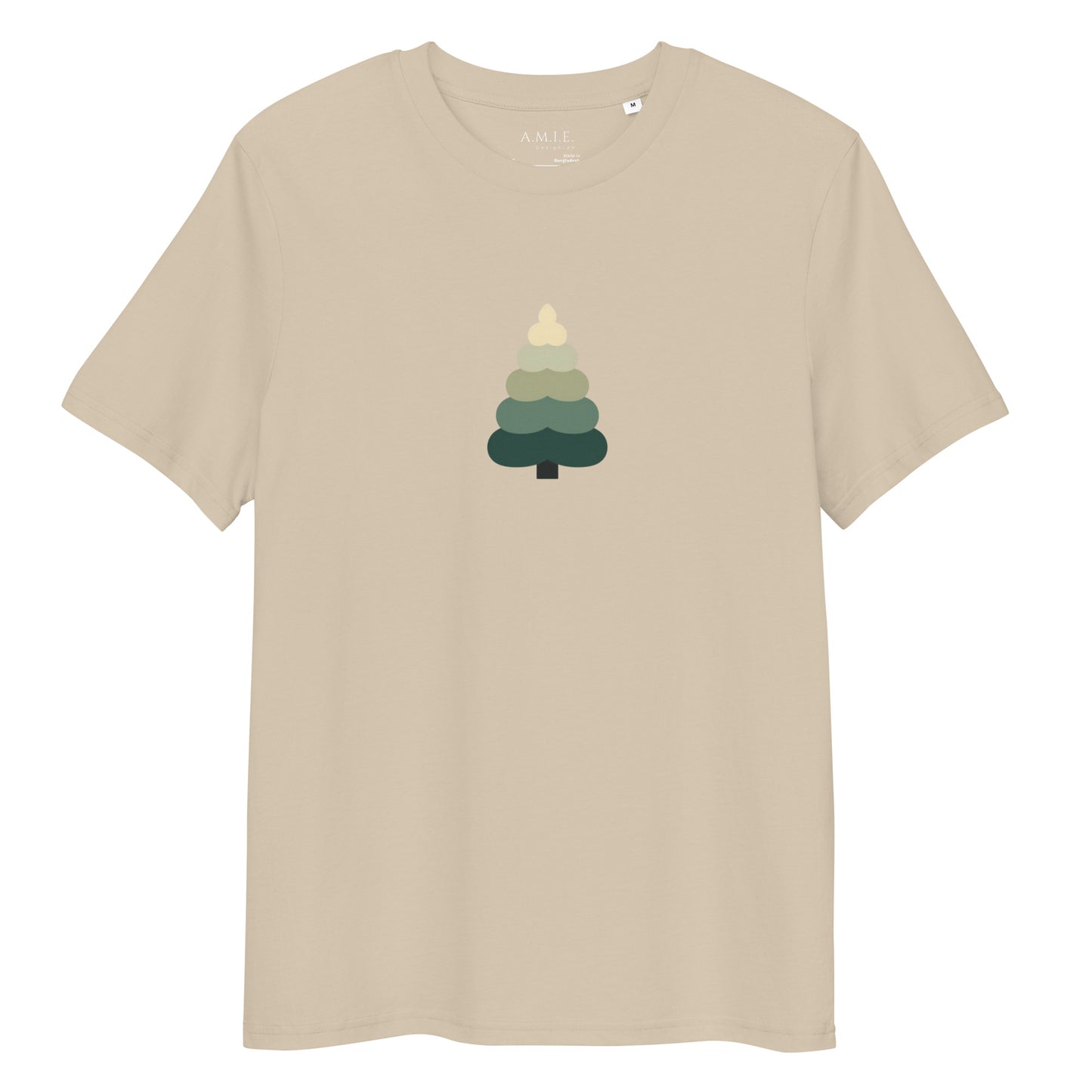 Minimalist evergreen tree design printed on desert dust organic unisex t-shirt.