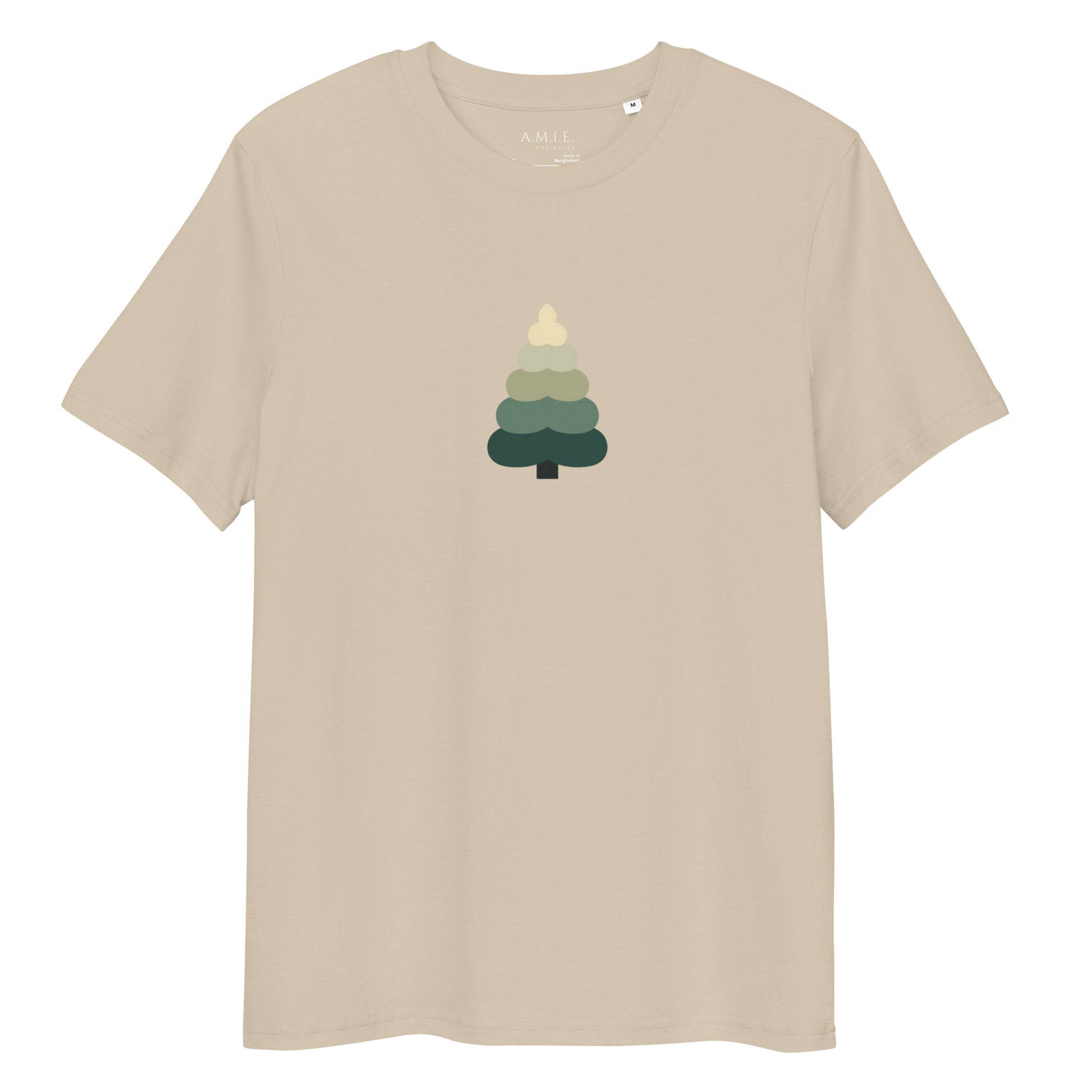 Minimalist evergreen tree design printed on desert dust organic unisex t-shirt.