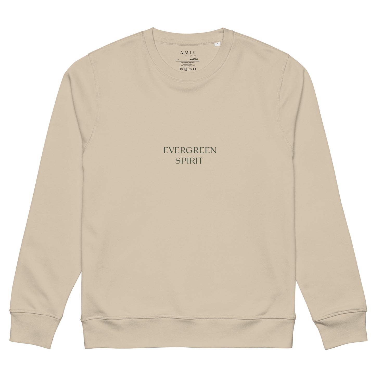 organic unisex sweatshirt with minimalist ‘Evergreen Spirit’ serif typography.
