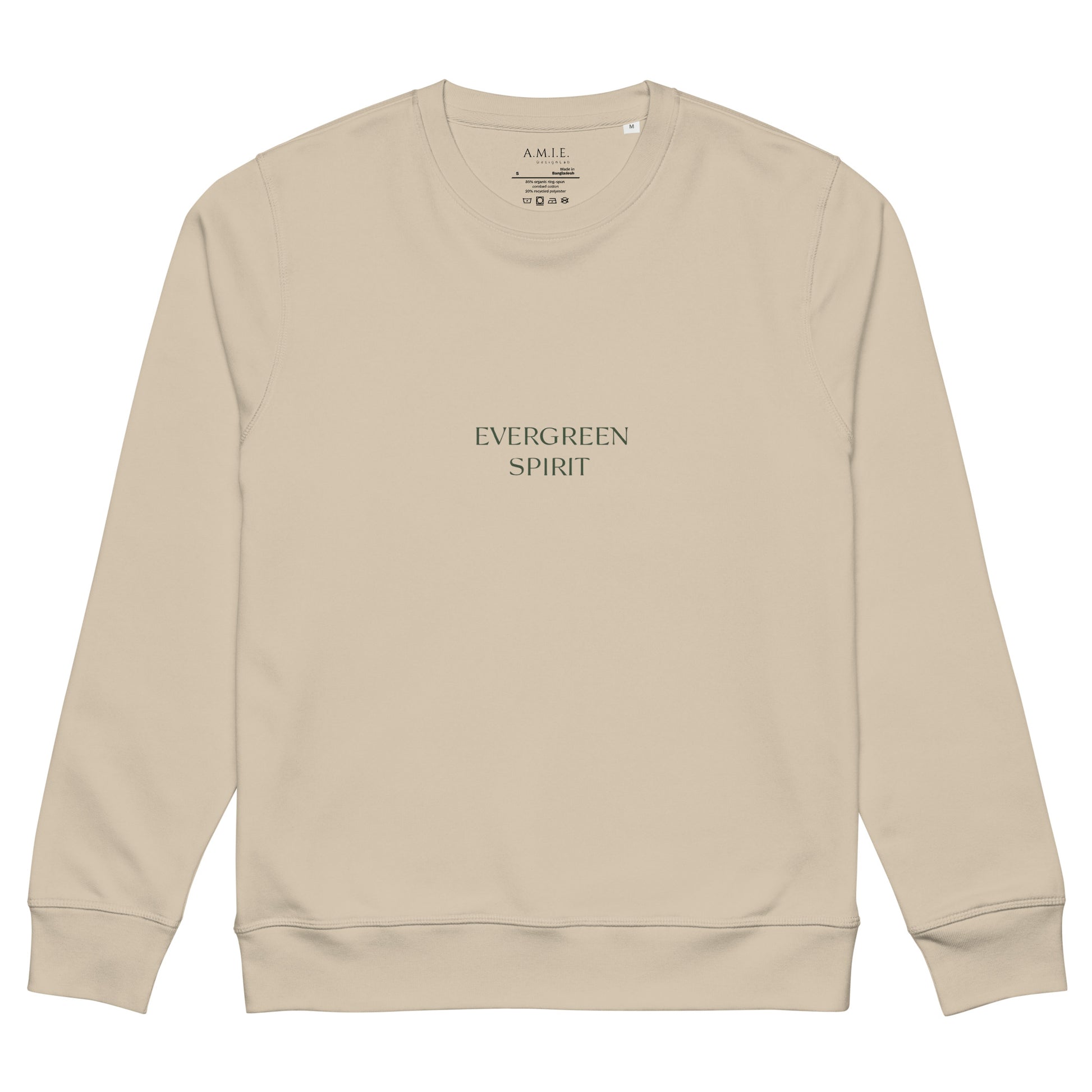 organic unisex sweatshirt with minimalist ‘Evergreen Spirit’ serif typography.