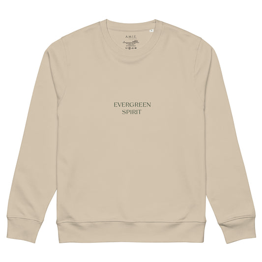 organic unisex sweatshirt with minimalist ‘Evergreen Spirit’ serif typography.