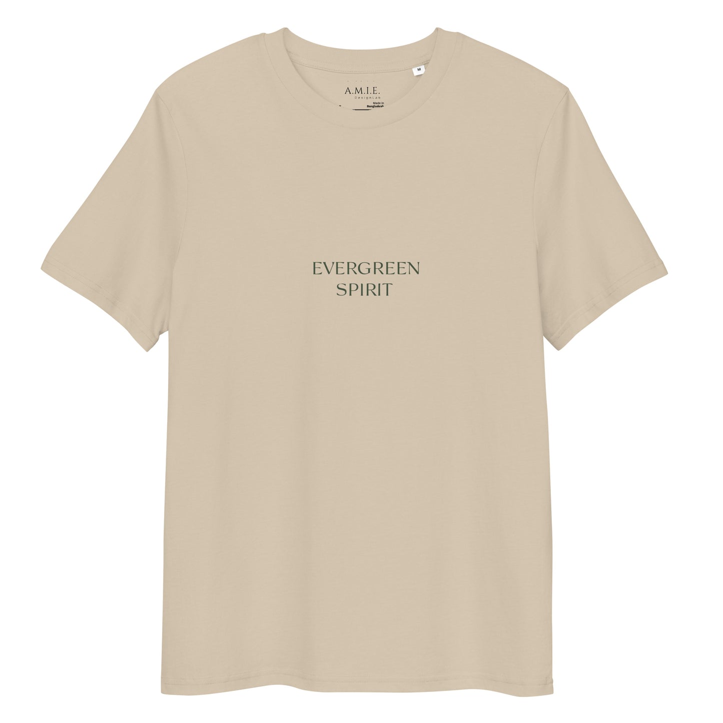 Beige organic unisex t-shirt with minimalist ‘Evergreen Spirit’ serif typography.