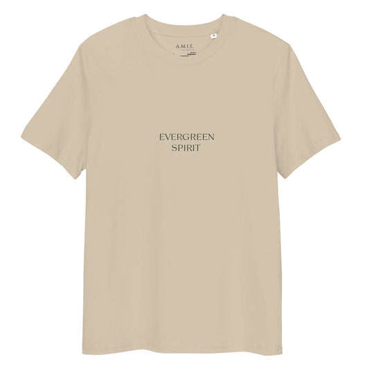 Beige organic unisex t-shirt with minimalist ‘Evergreen Spirit’ serif typography.