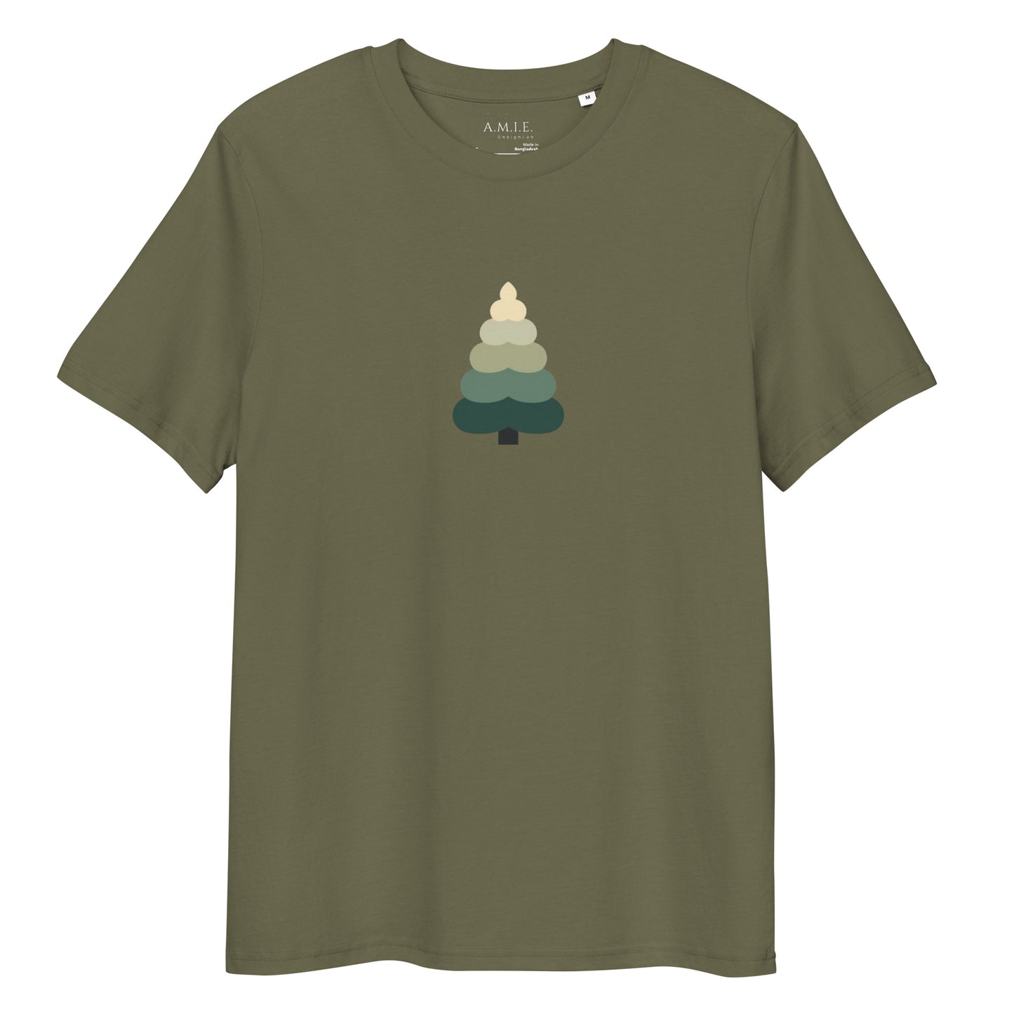 Minimalist evergreen tree graphic centered on organic unisex t-shirt in Khaki