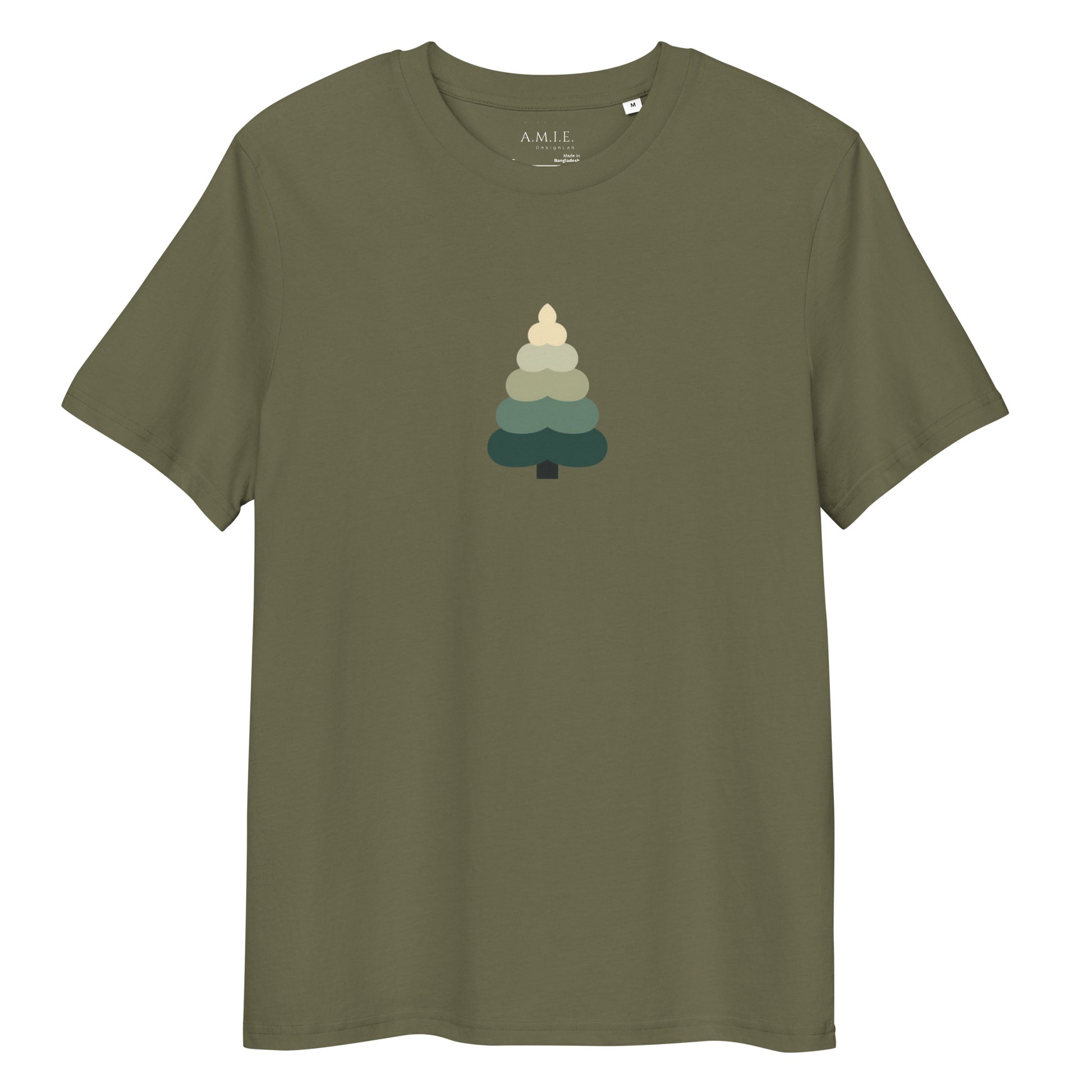 Minimalist evergreen tree graphic centered on organic unisex t-shirt in Khaki