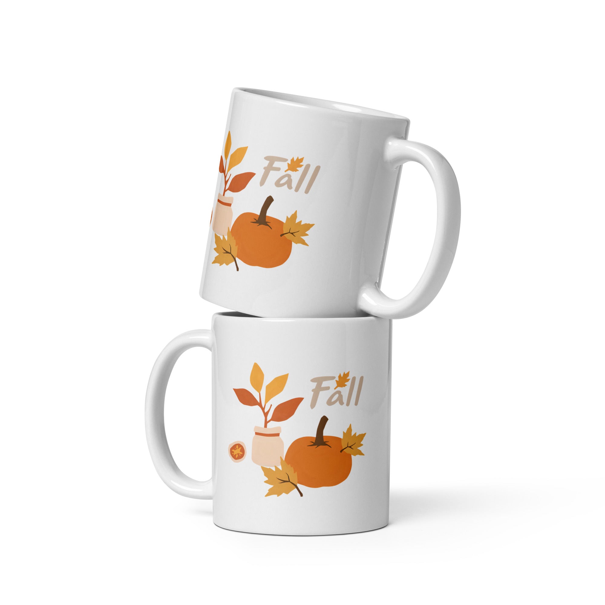 Fall mug with minimalist pumpkin and autumn leaves design.