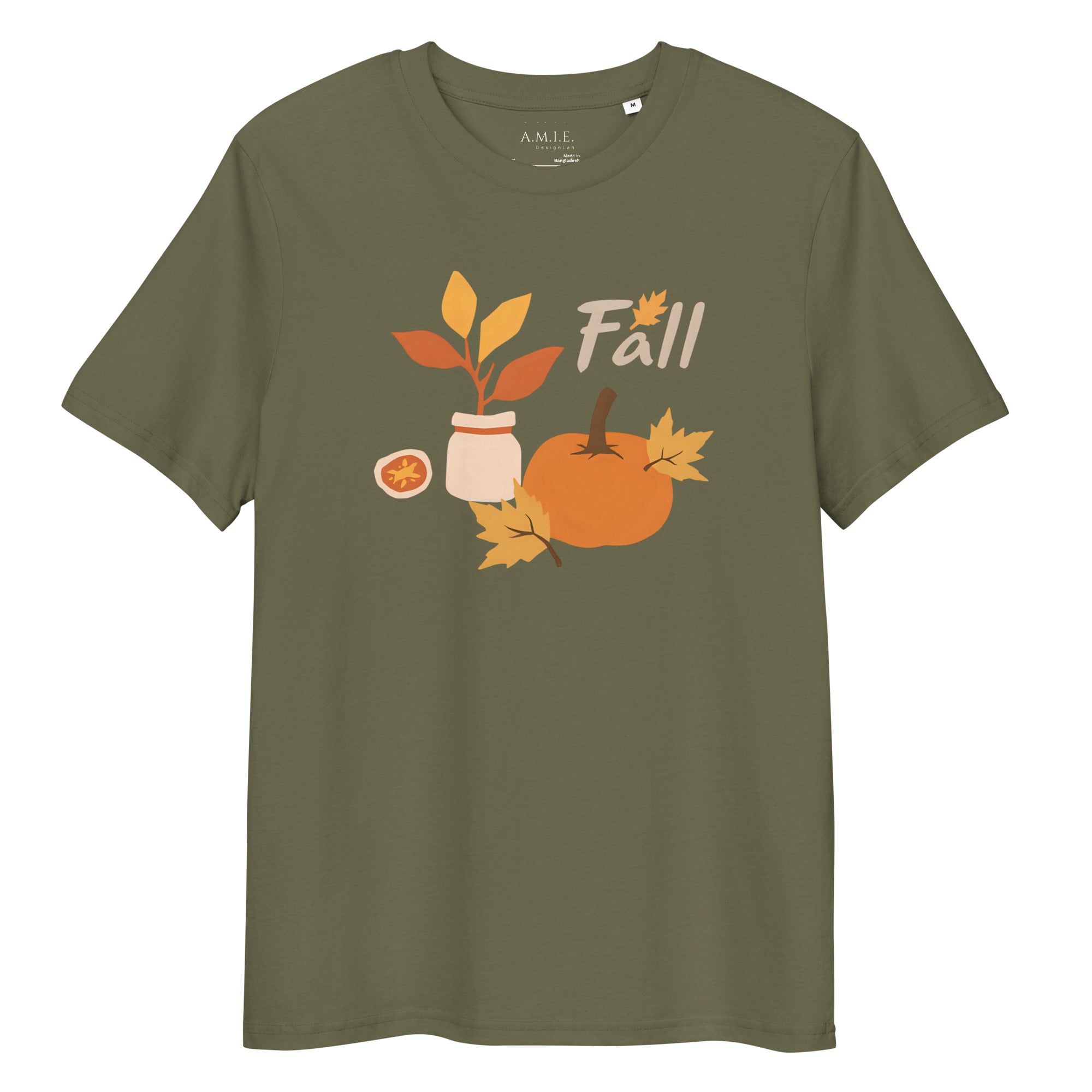 Fall Pumpkin & Leaf Design Tee on Khaki background — modern autumn T-shirt for everyday wear