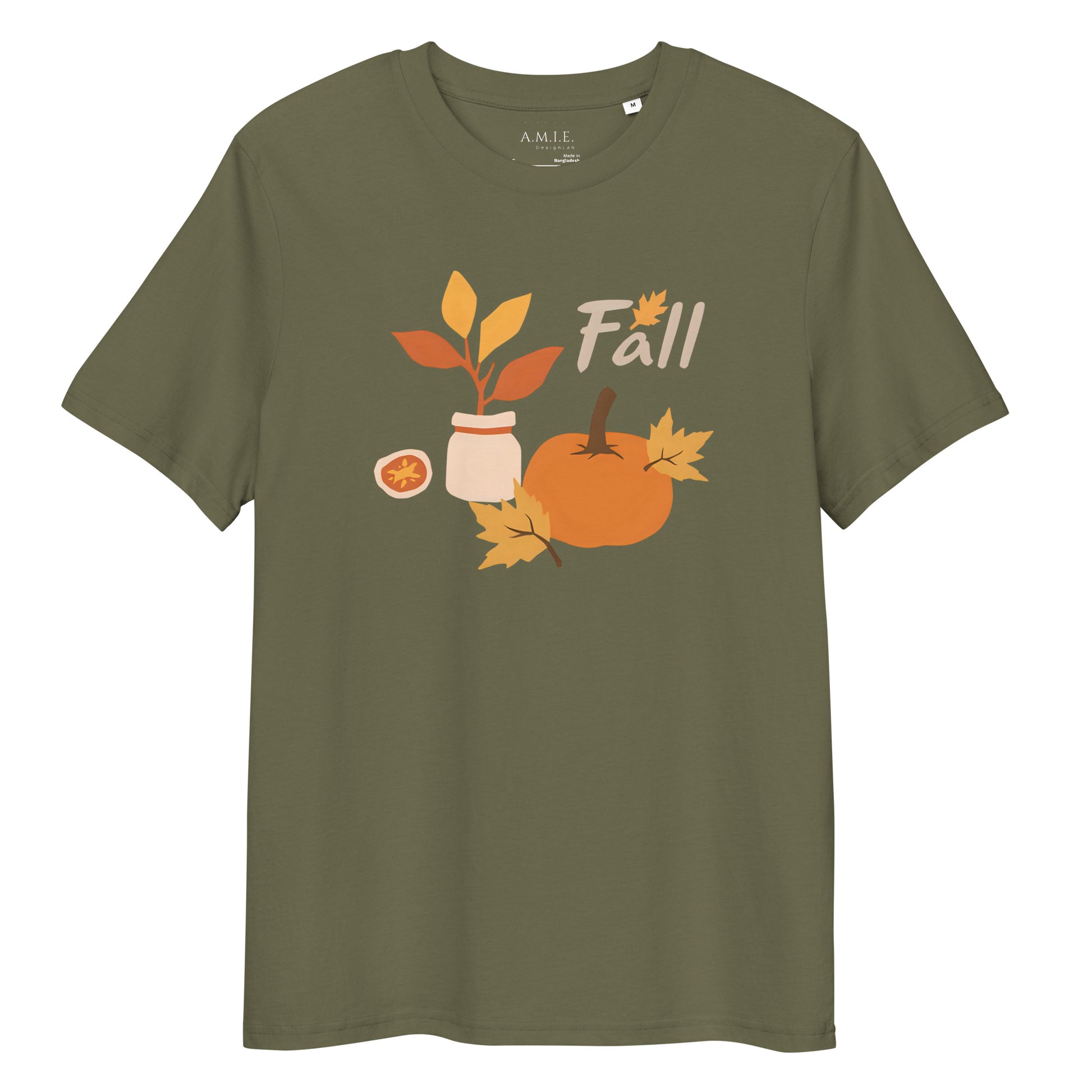 Fall Pumpkin & Leaf Design Tee on Khaki background — modern autumn T-shirt for everyday wear
