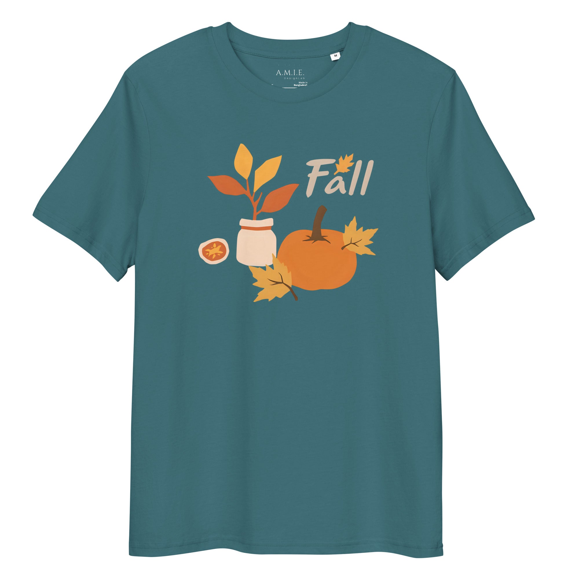 Fall Pumpkin & Leaf Design Tee on stargazer background — cozy art-inspired fall shirt