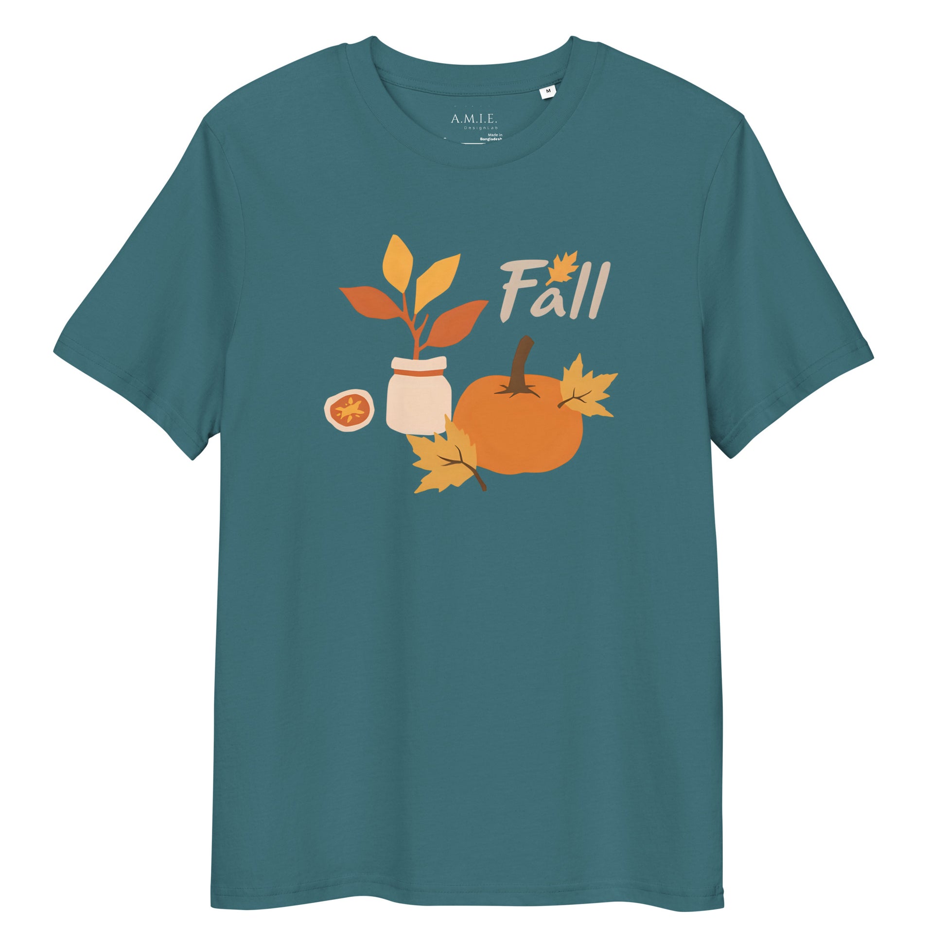 Fall Pumpkin & Leaf Design Tee on stargazer background — cozy art-inspired fall shirt