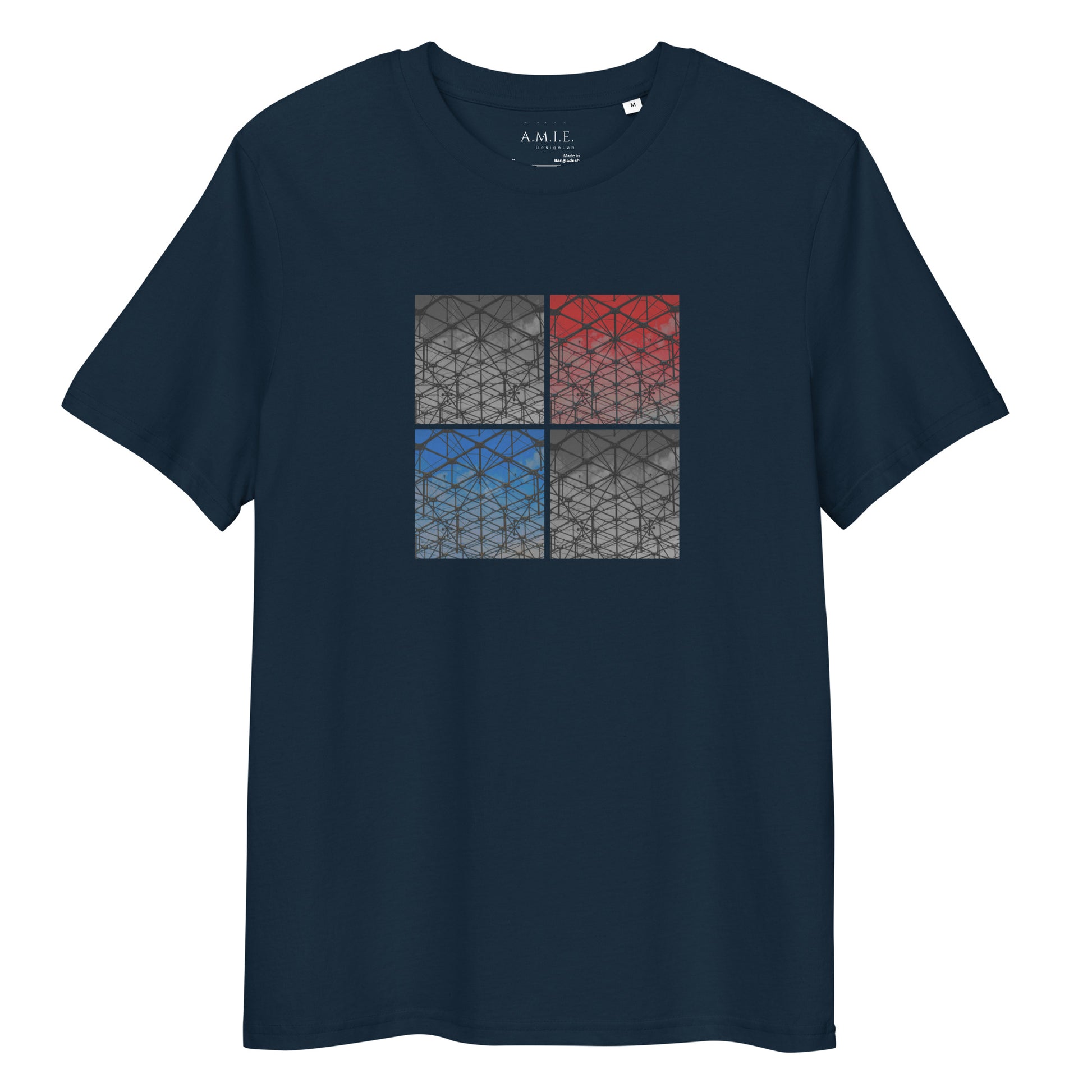 French navy organic cotton t-shirt with four-square geometric architectural pattern in red, blue, and gray