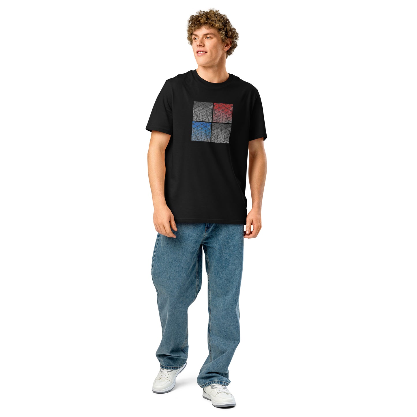 model wearing a black organic cotton t-shirt with four-square geometric architectural pattern in red, blue, and gray