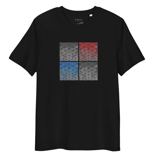 Black organic cotton t-shirt with four-square geometric architectural pattern in red, blue, and gray
