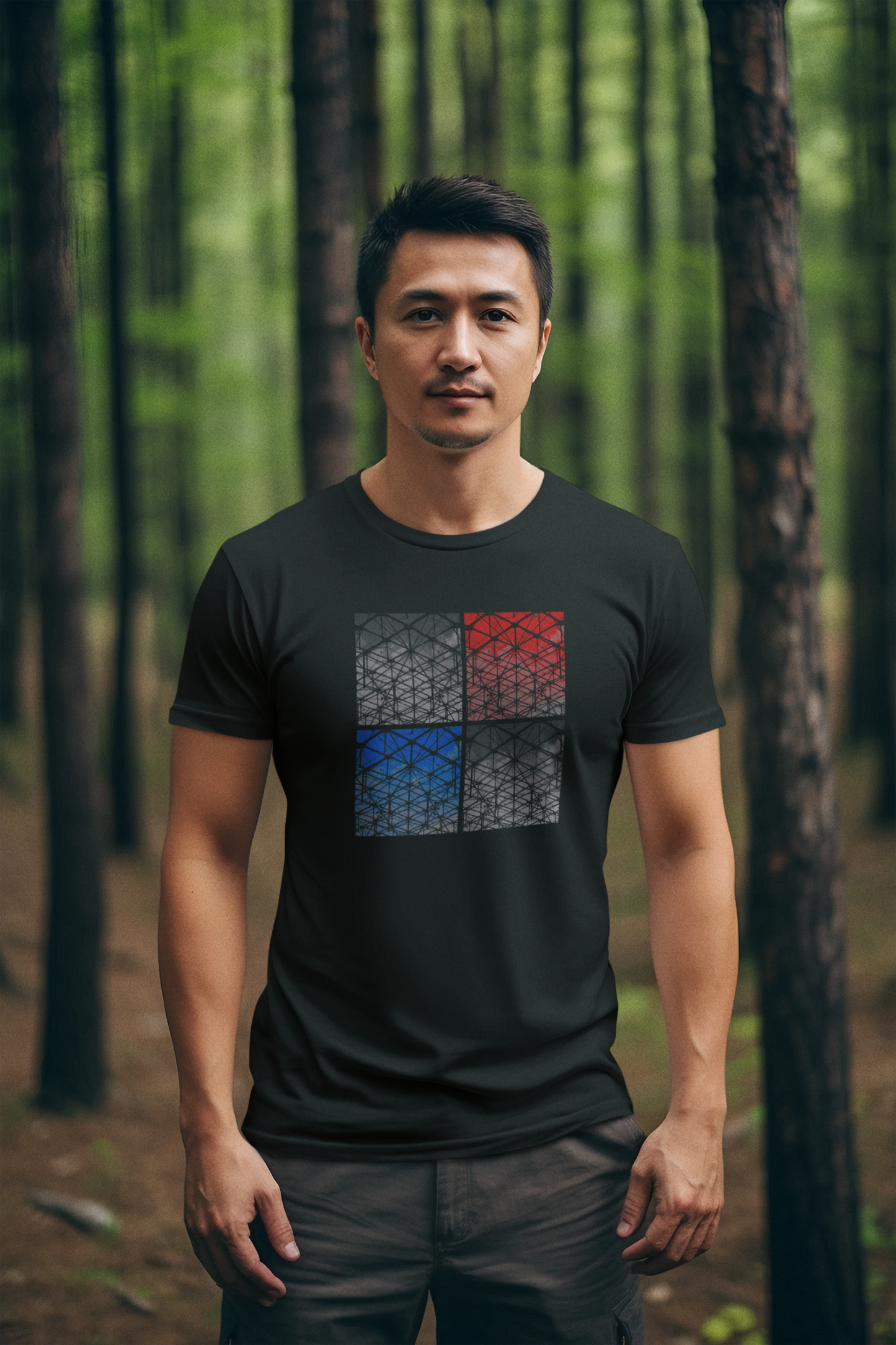 Geometric Artistry Unisex T-Shirt | Art & Architecture Design | Black T-Shirt on Model