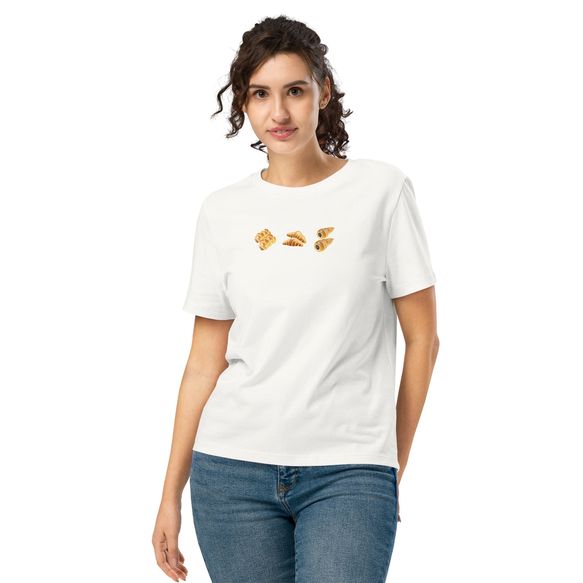 Women’s organic t-shirt with croissant and baked goods print
