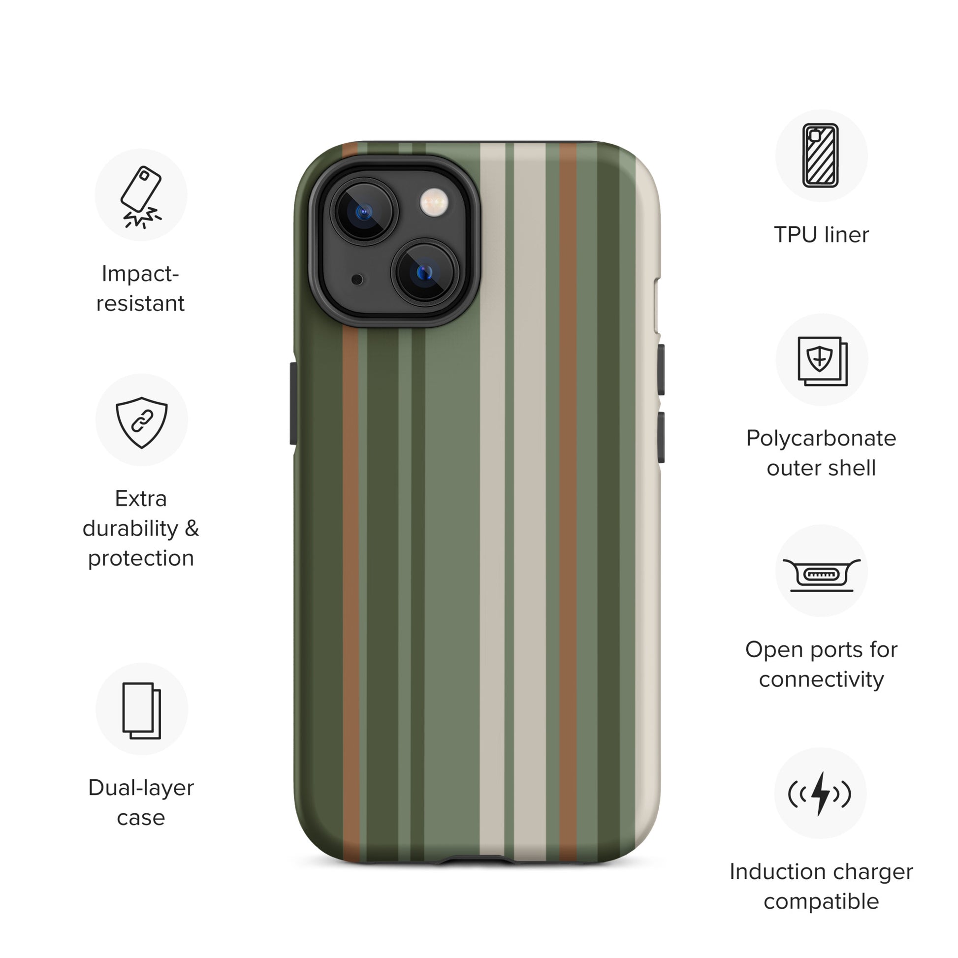 iPhone case with vertical stripes in earthy green, taupe, and brown tones, modern minimalist tough case design.