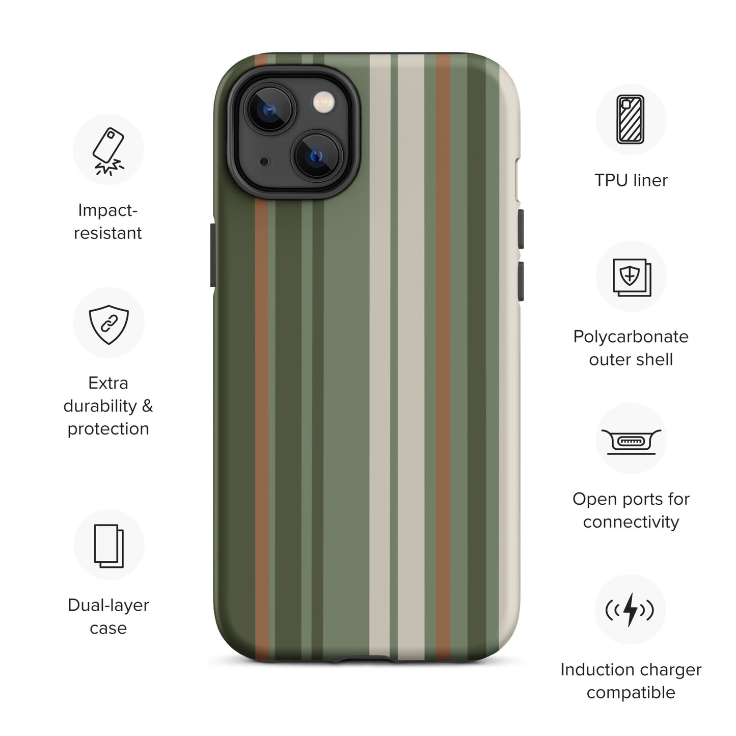 iPhone case with vertical stripes in earthy green, taupe, and brown tones, modern minimalist tough case design.