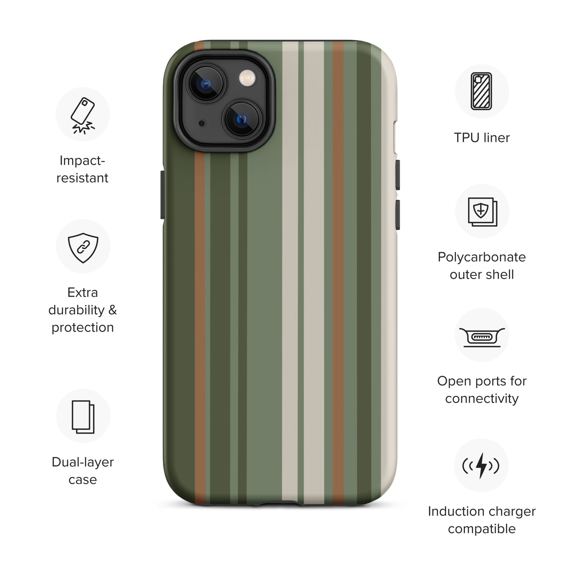 iPhone case with vertical stripes in earthy green, taupe, and brown tones, modern minimalist tough case design.