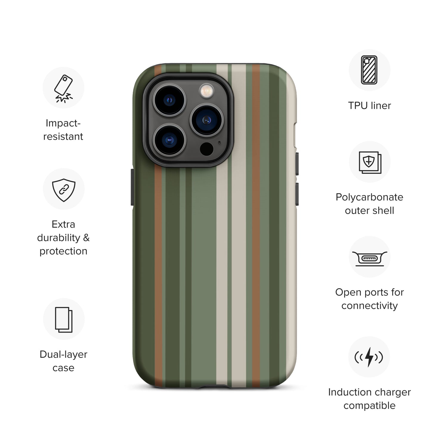 iPhone case with vertical stripes in earthy green, taupe, and brown tones, modern minimalist tough case design.