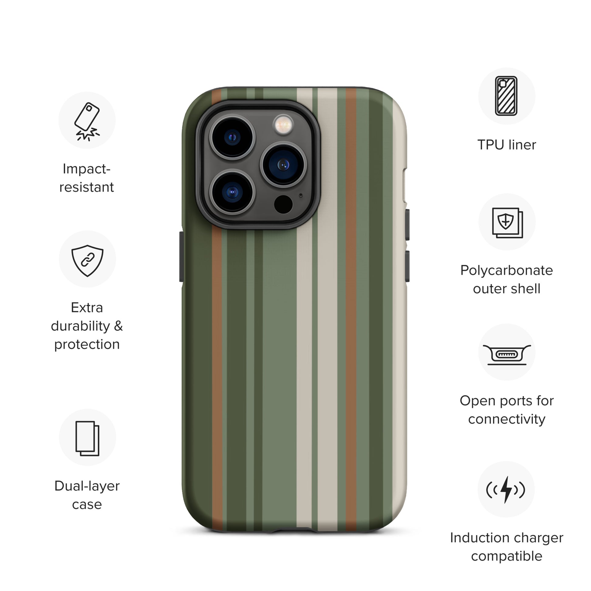 iPhone case with vertical stripes in earthy green, taupe, and brown tones, modern minimalist tough case design.