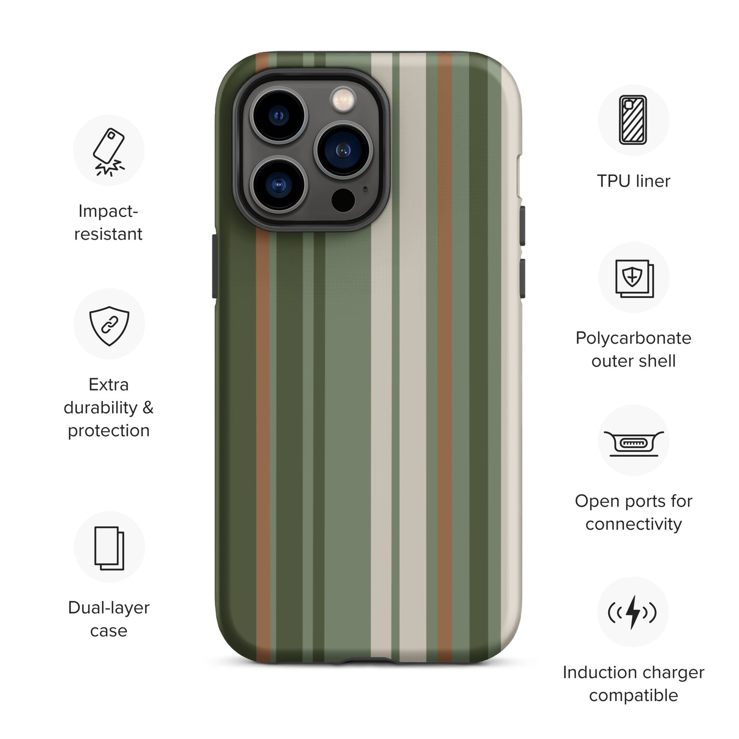iPhone case with vertical stripes in earthy green, taupe, and brown tones, modern minimalist tough case design.