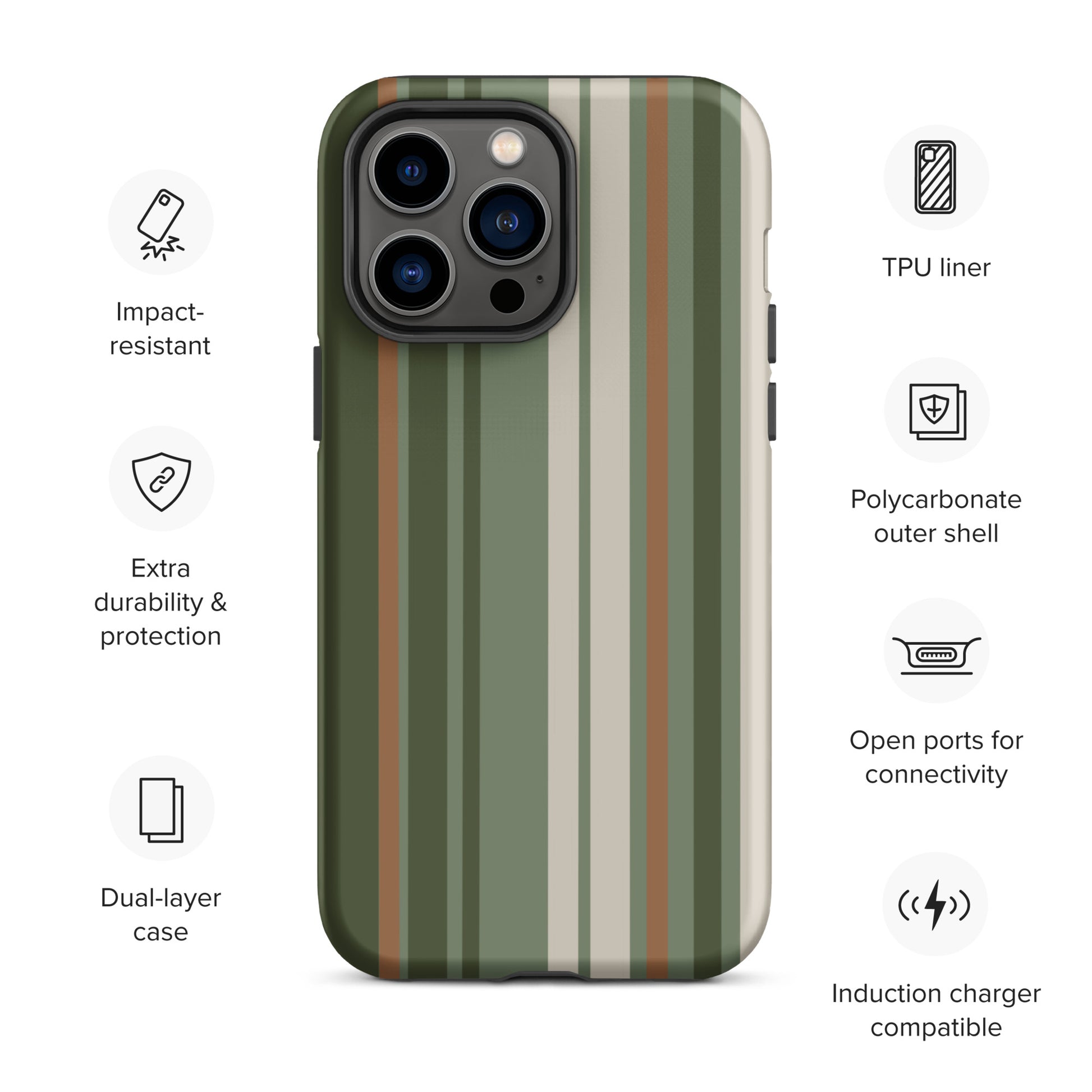 iPhone case with vertical stripes in earthy green, taupe, and brown tones, modern minimalist tough case design.