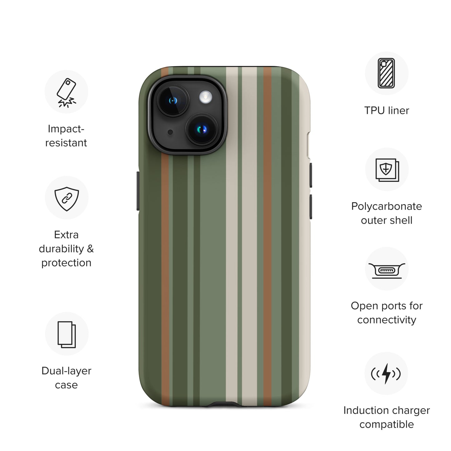 iPhone case with vertical stripes in earthy green, taupe, and brown tones, modern minimalist tough case design.