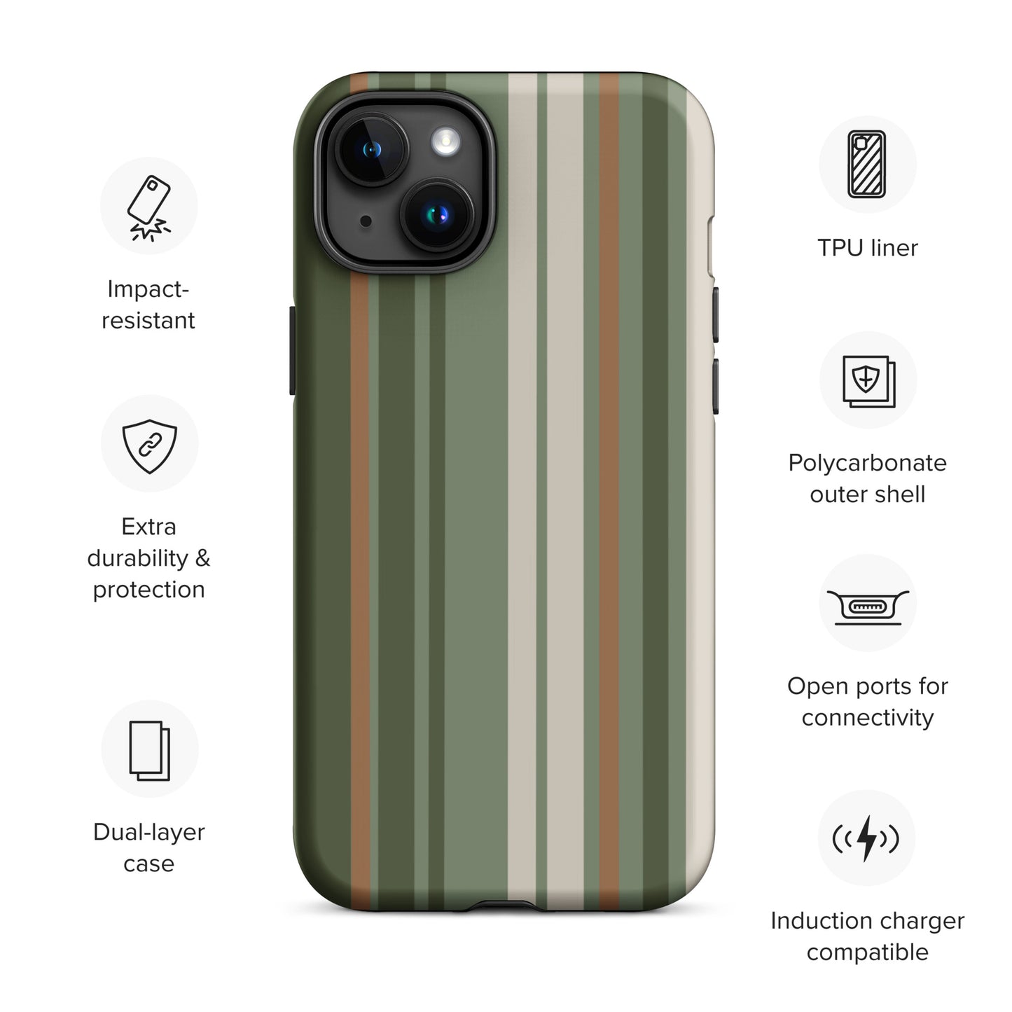 iPhone case with vertical stripes in earthy green, taupe, and brown tones, modern minimalist tough case design.
