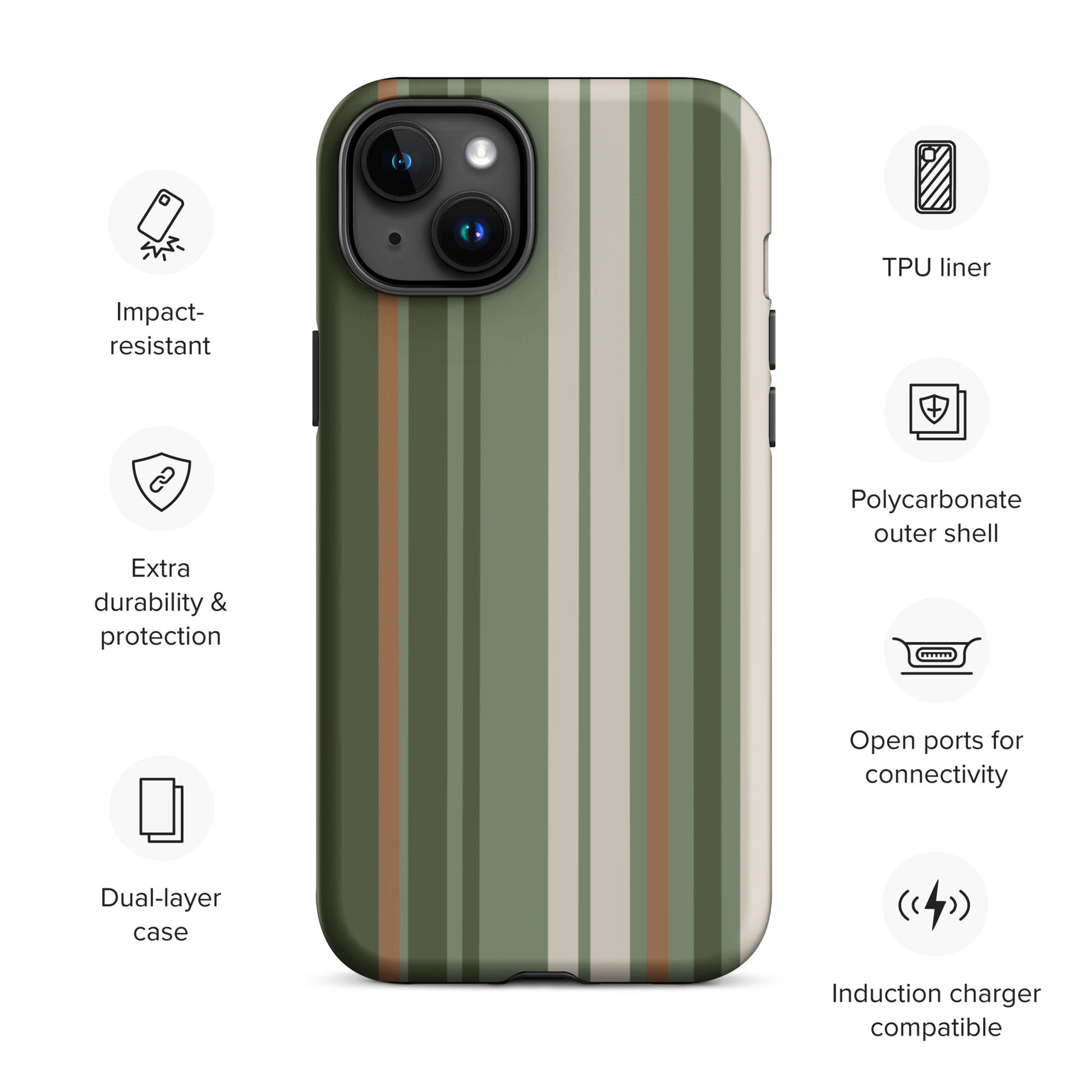 iPhone case with vertical stripes in earthy green, taupe, and brown tones, modern minimalist tough case design.