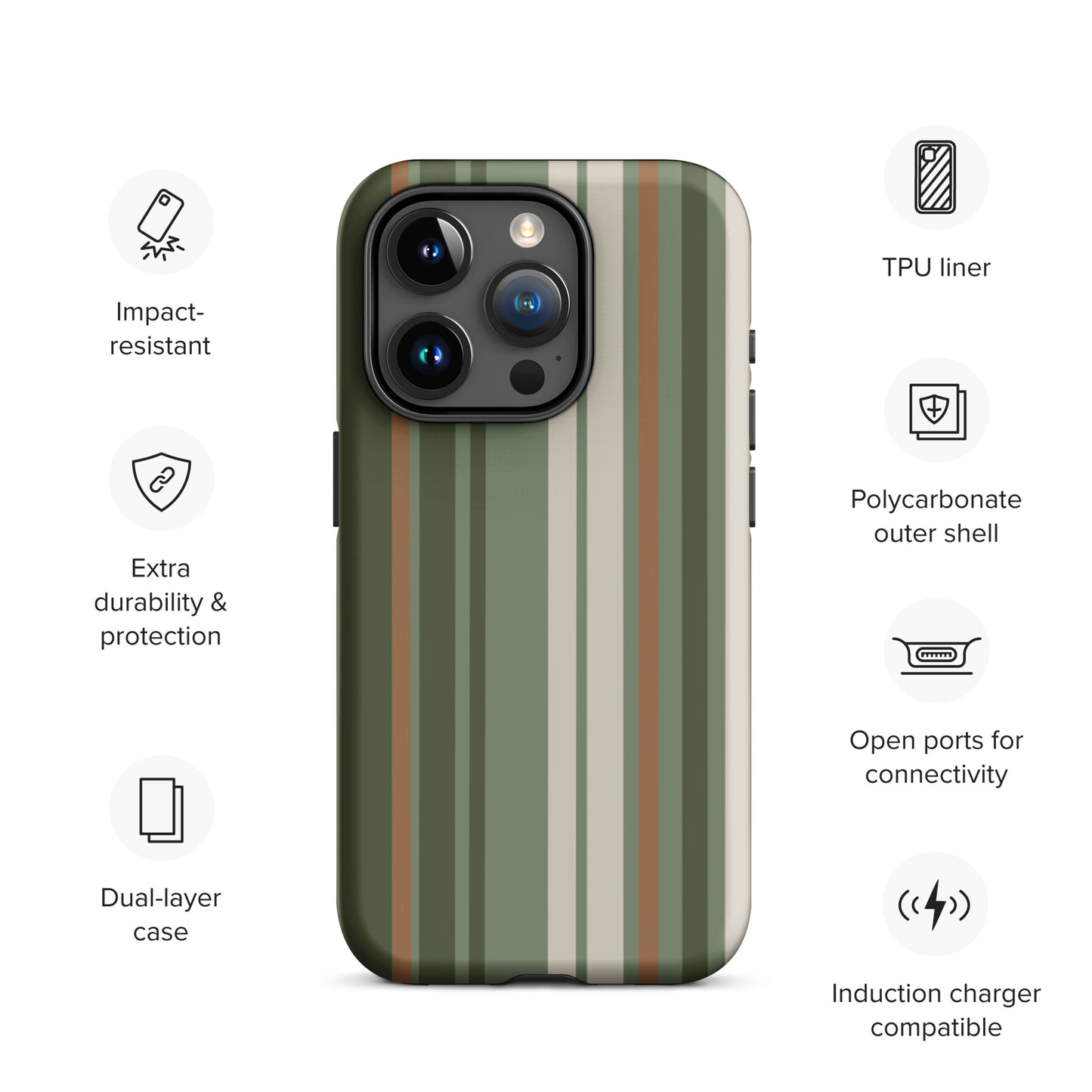 iPhone case with vertical stripes in earthy green, taupe, and brown tones, modern minimalist tough case design.