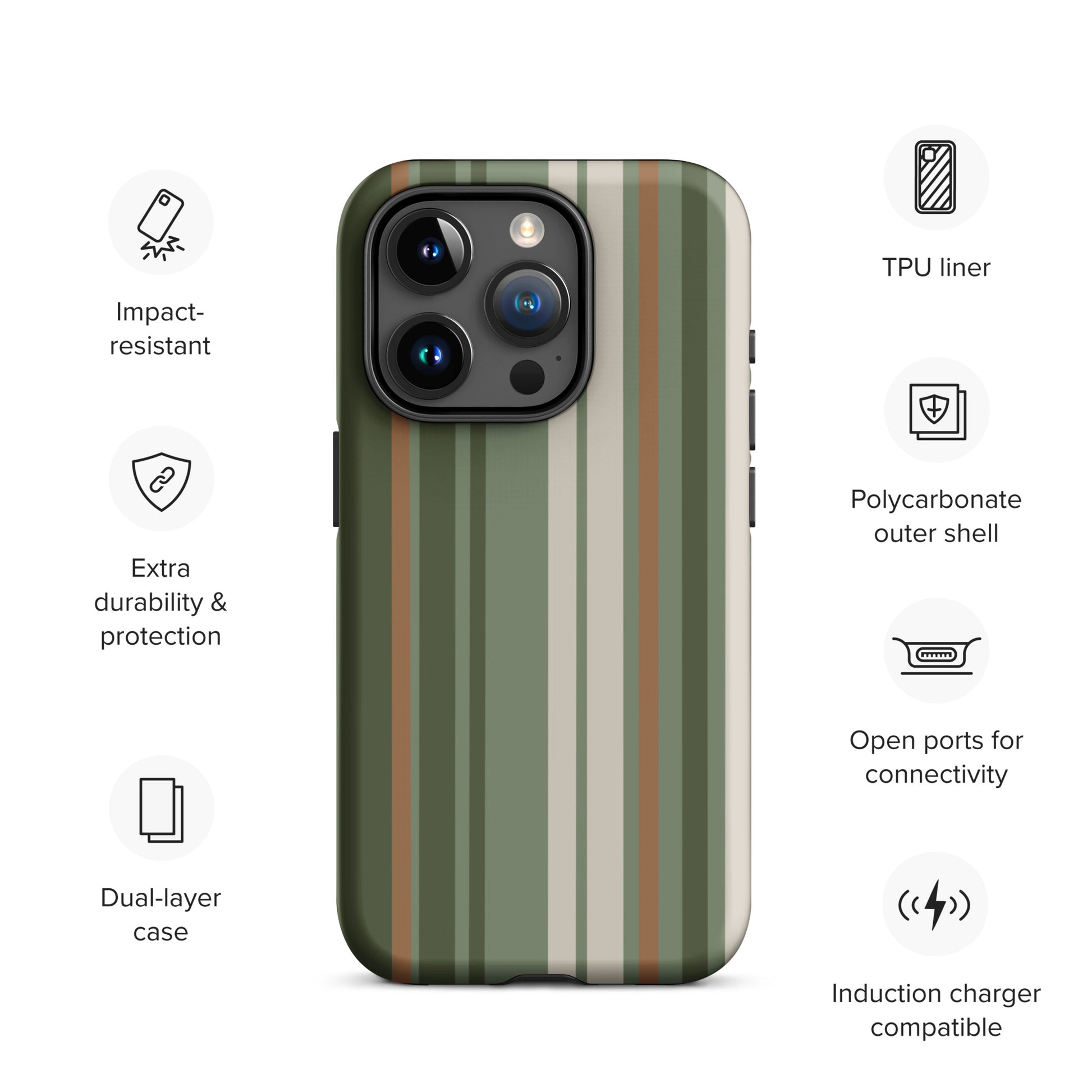 iPhone case with vertical stripes in earthy green, taupe, and brown tones, modern minimalist tough case design.