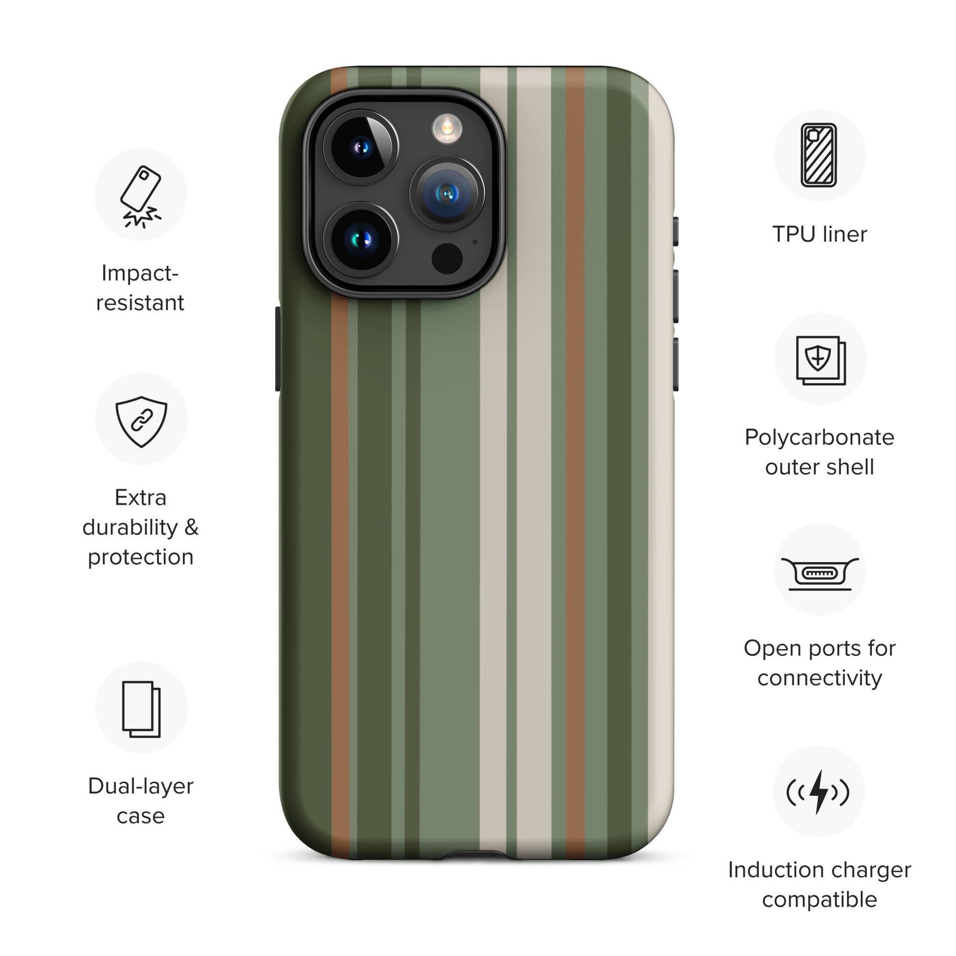 iPhone case with vertical stripes in earthy green, taupe, and brown tones, modern minimalist tough case design.