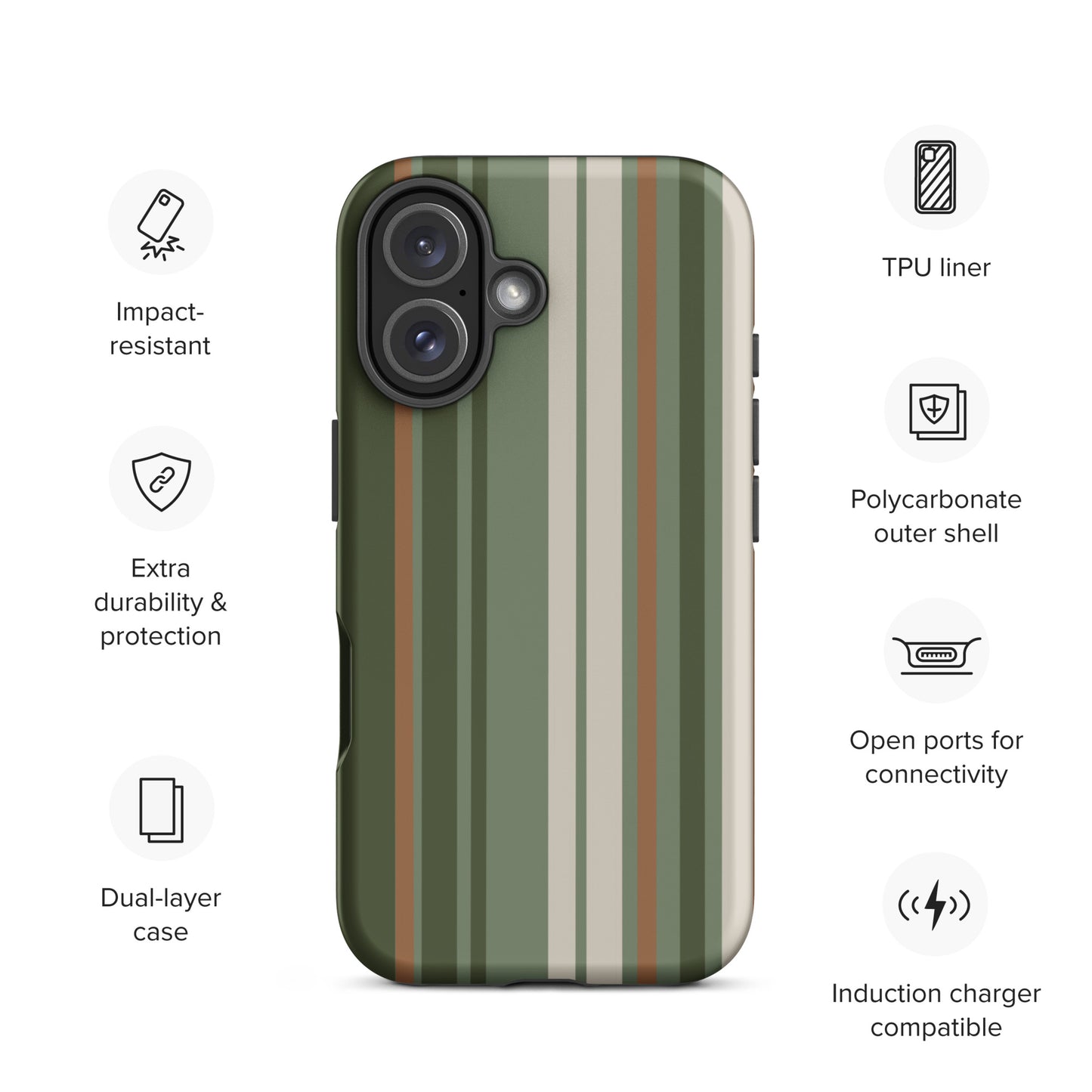 iPhone case with vertical stripes in earthy green, taupe, and brown tones, modern minimalist tough case design.