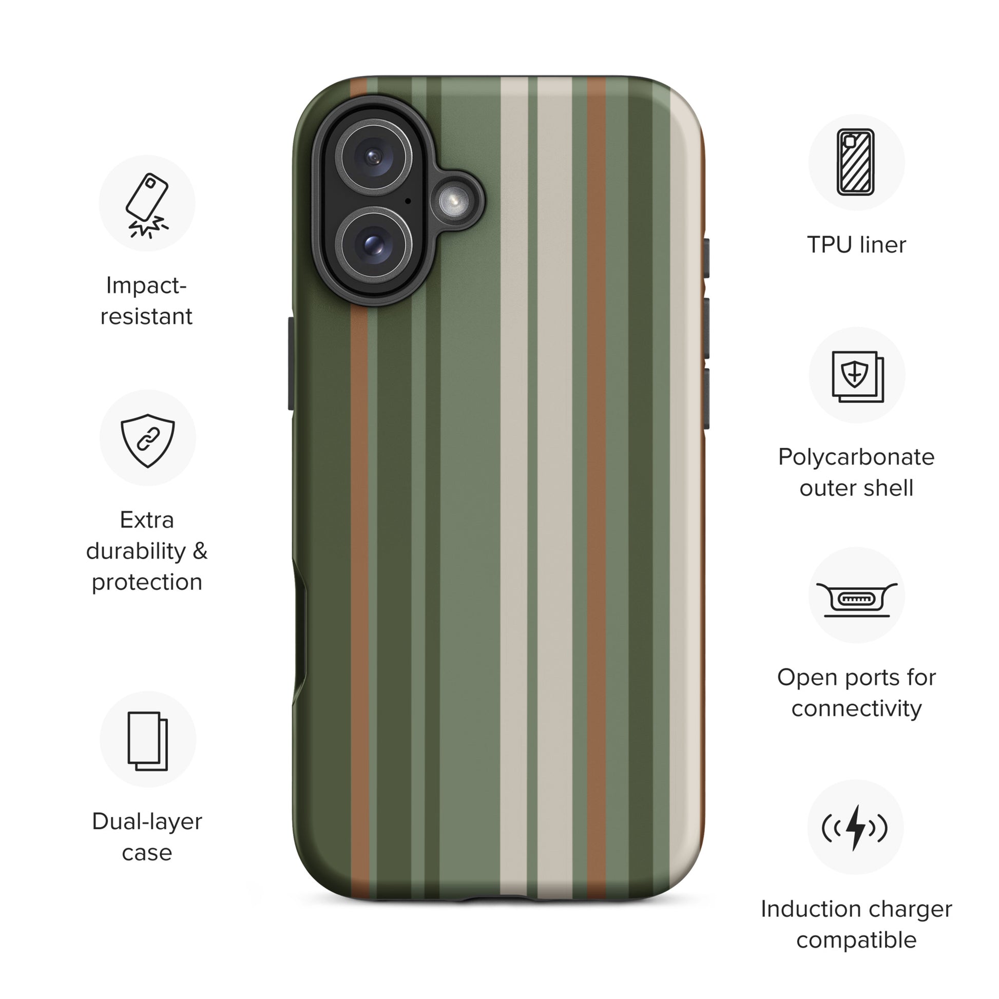 iPhone case with vertical stripes in earthy green, taupe, and brown tones, modern minimalist tough case design.